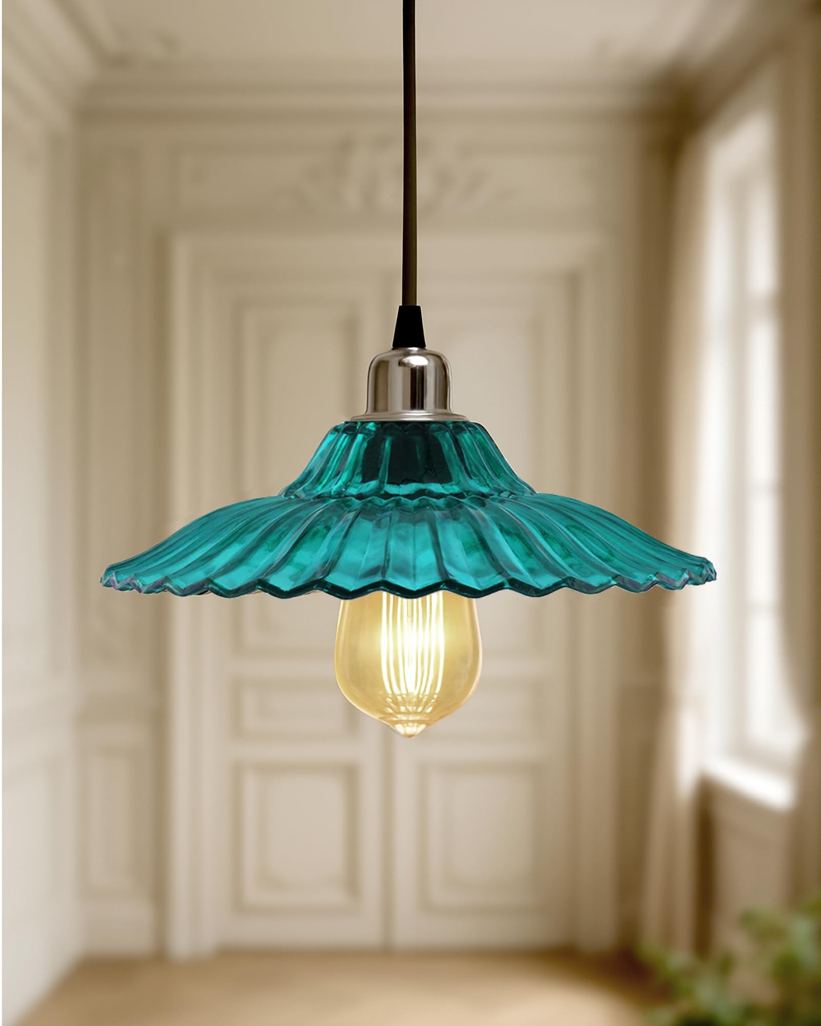 Homesake Vintage Hanging Pendant Light with Blue Glass Shade, Edison Bulb - Retro Industrial Ceiling Lamp for Home Decor,Bohemian Style, Farmhouse Lighting,Industrial Design,Ceiling Fixture(Turquoise)