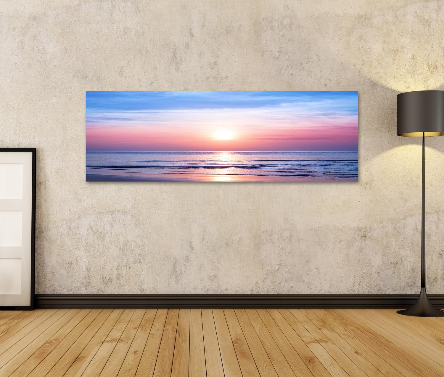 islandburner cuadro sobre lienzo hermosa mañana amanecer mar azul cielo rosa nubes blancas amarillo imágenes murales carteles