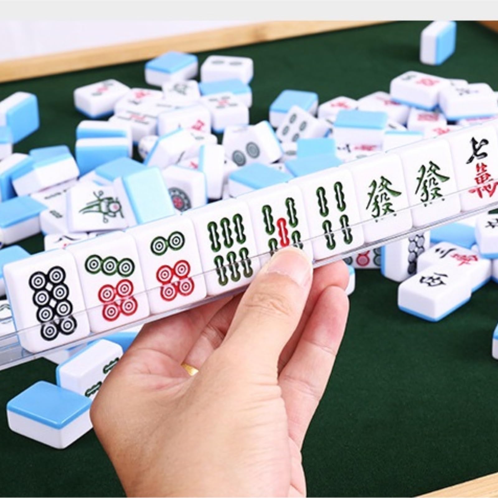 Tradycyjny Chiński Mah Jong Zestaw Mahjong Gra Towarzyska Tradycyjna Gra Z Podróżnym Przenośnym Składanym Stołem Mahjong Na Imprezę Rodzinną(Blue,30mm)