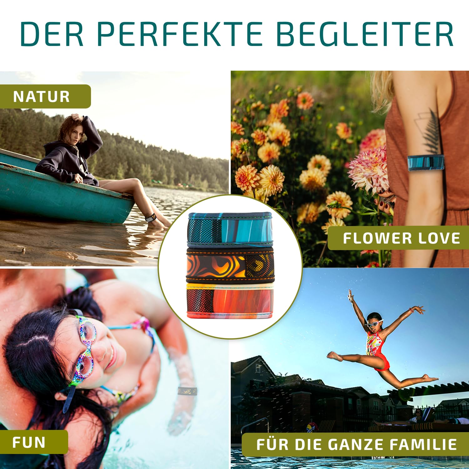 Olleeno® Mückenschutz Armband Moskito Insektenschutz Armbänder für Outdoor Camping Wandern Sport Anti Mückenarmband Neopren mit verstellbarem Klettverschluß (3 Stück + 6 Nachfüll-Pellets)