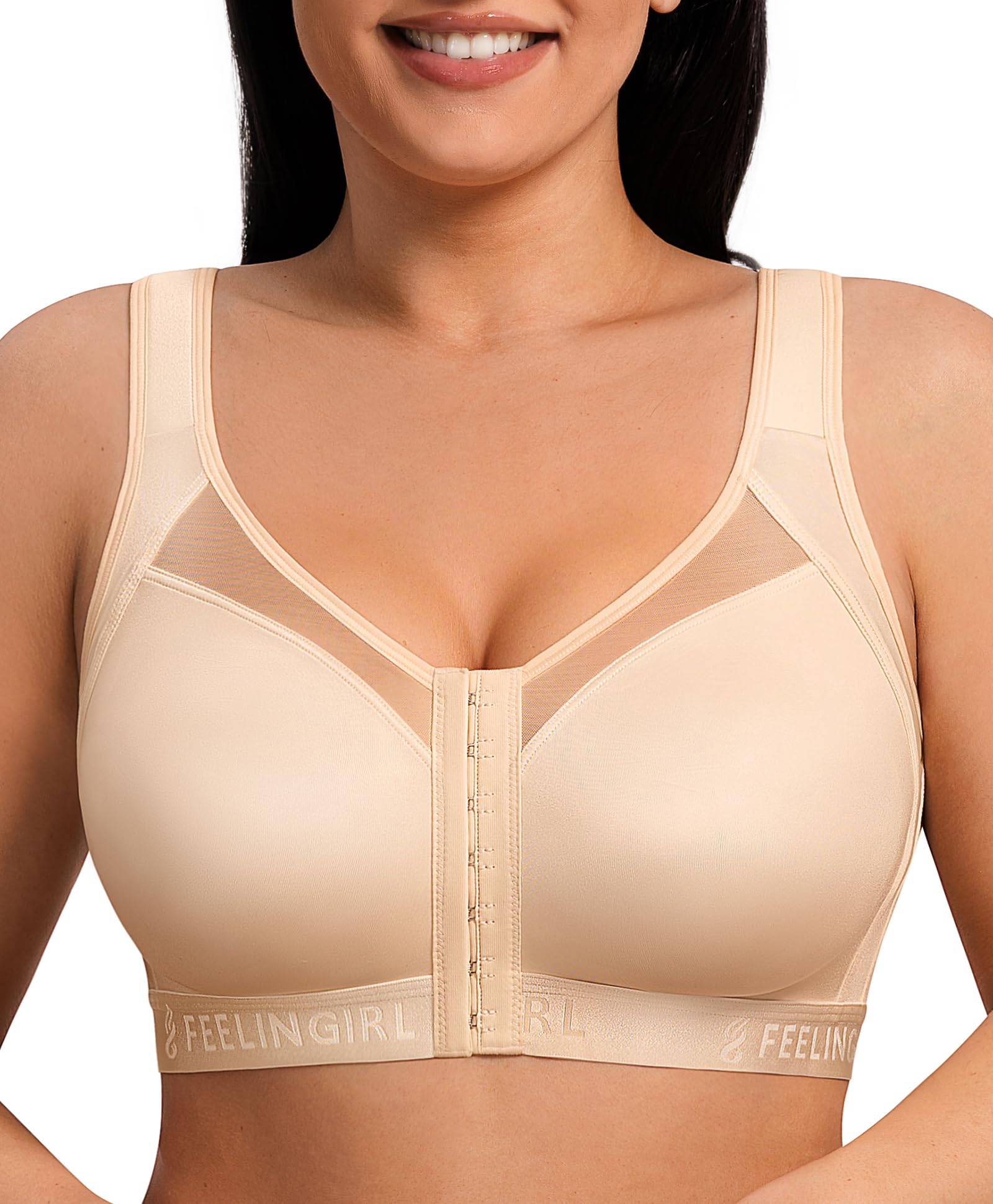 FeelinGirl Front Closure Post Surgery Compression Bra with Adjustable Straps Wireless Breast Augmentation Post Op Bras