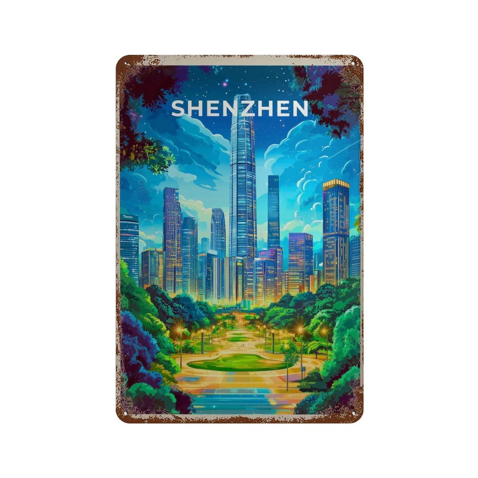 xiaoxiaoshen Shenzhen China Travel Cityscape Wall Decor Art Metal Tin Poster Modern Home Decor Art Home Bar Shop Decorations Vintage Sign 30x20cm