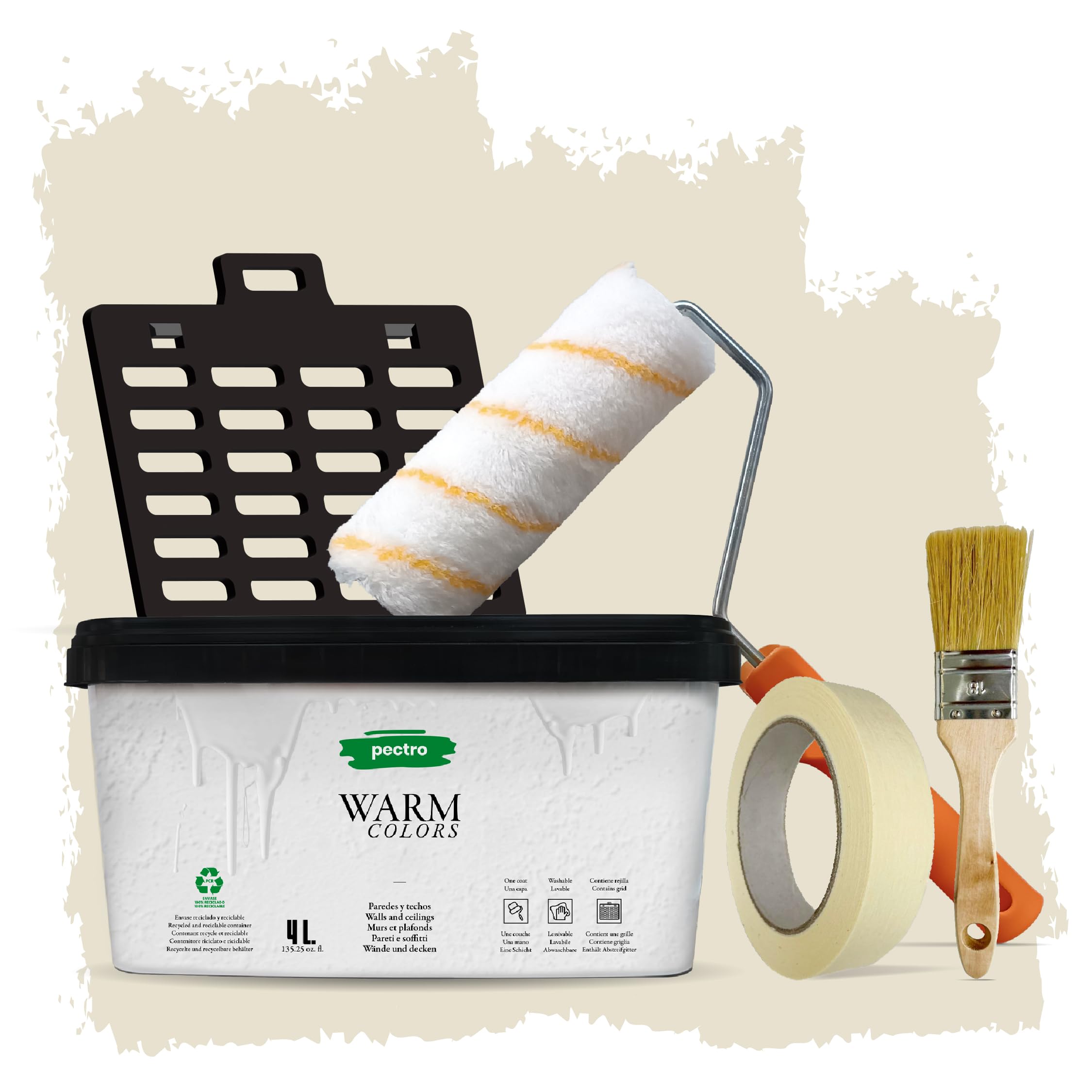PECTRO Pittura Mano Unica 4L (6,3kg) Set con rullo, pennello, griglia e nastro in carta - Pittura per Interni Lavabile per Pareti e Soffitti – Monomano per Camere e Soggiorni