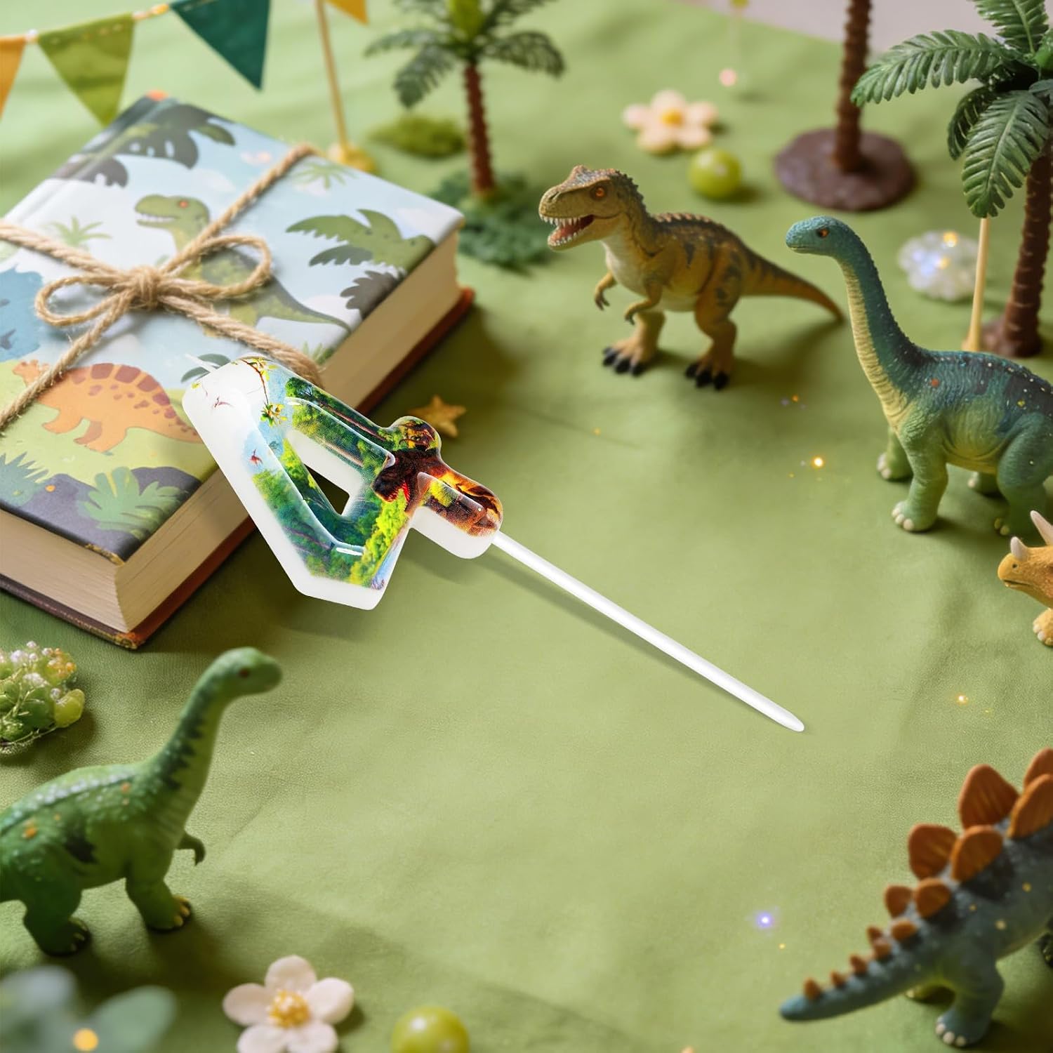 Dinosaur Birthday Candles, Dinosaur Party Decoration Supplies, Birthday Number Candles for Cake Topper (Green, Number 4)
