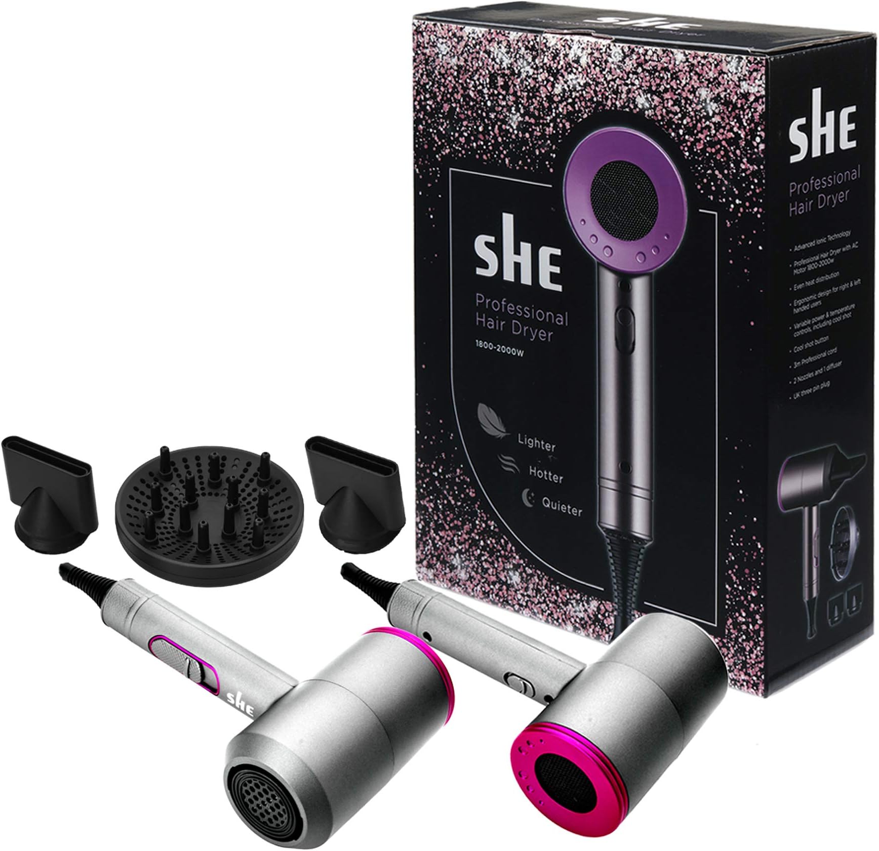 SHE HAIR Fuchsia Pink and Grey Hair Dryer with Diffuser and Two Vent Nozzles