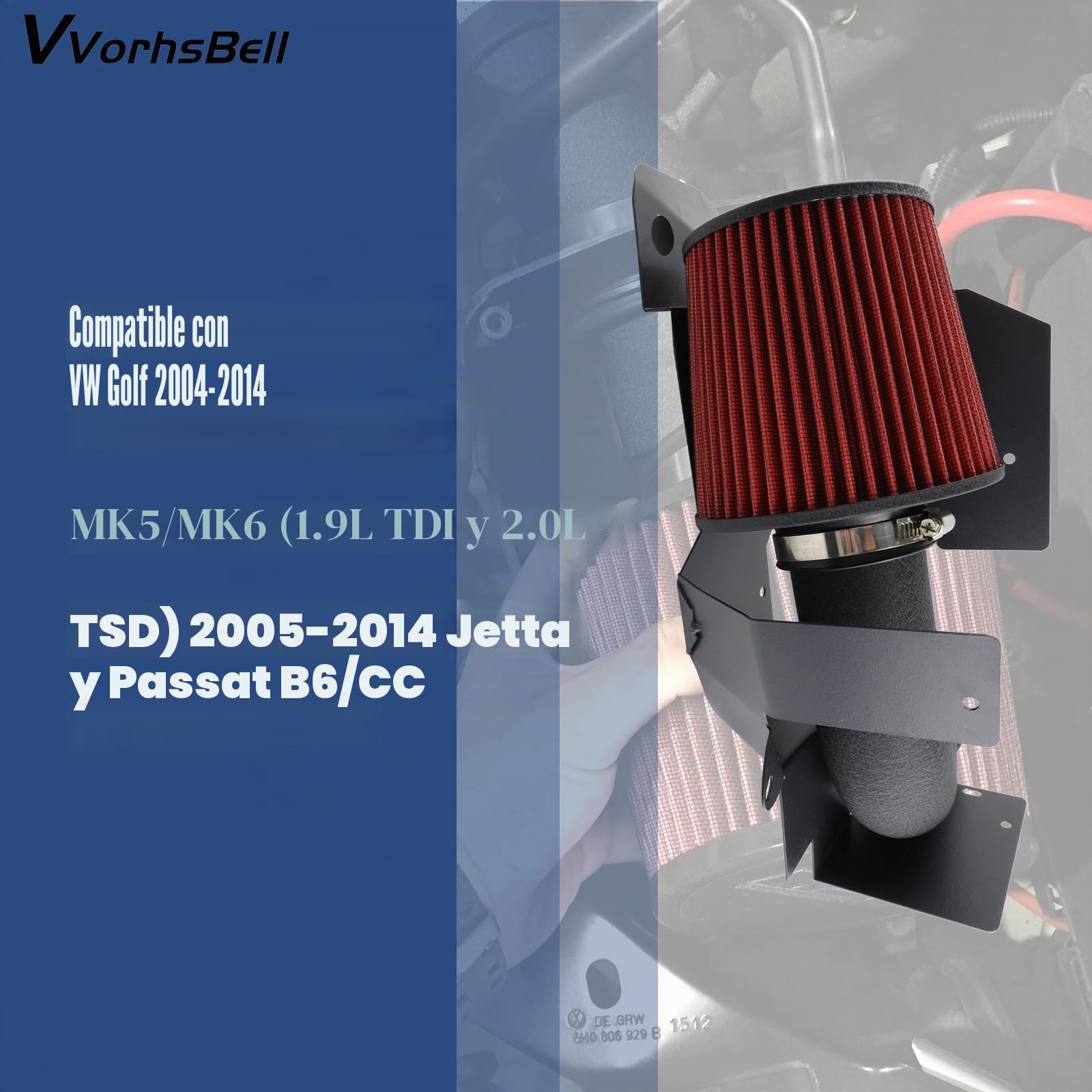Kit de admisión de aire frío compatible con VW Golf MK5 1.9 TDI y 2.0L TSI (04-14) Jetta Passat (05-14), sistema de admisión de aluminio de alto rendimiento con escudo térmico y filtro