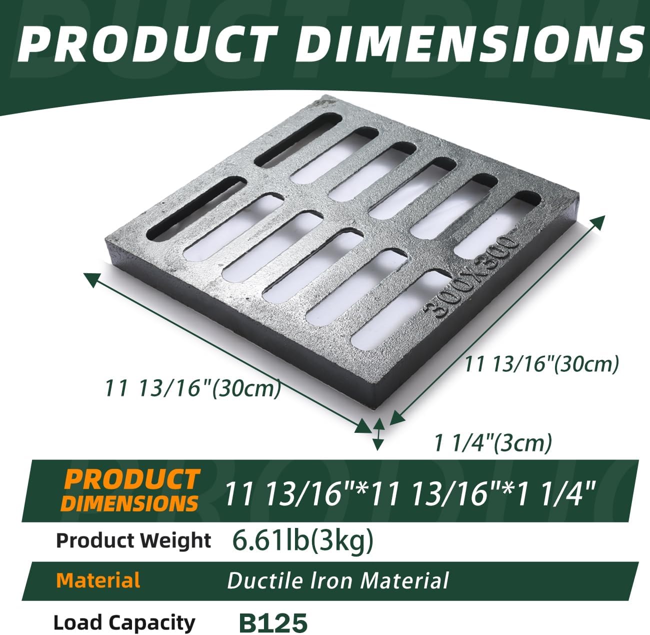 Cast Iron Drain Grate, 11.8 * 11.8in Outdoor Drain Cover, Heavy Duty B125 Class Channel Grate, Black Square Drainage Grate, Metal Sewer Grate for Concrete Floor, Yard, Driveway & Garage.