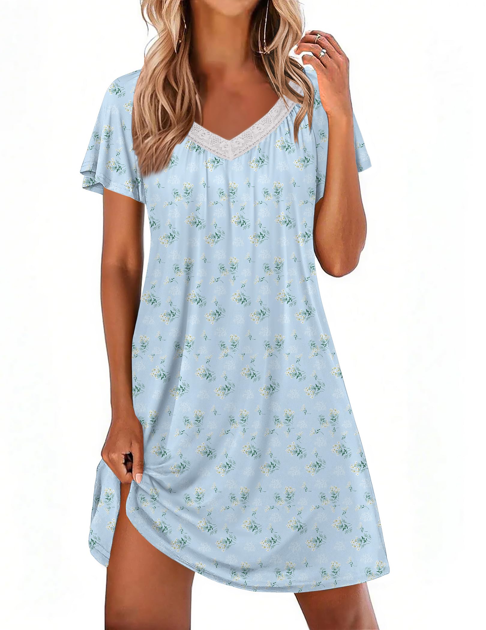 Ekouaer Womens Nightgown Lace Trim V Neck Sleep Shirt Flare Short Sleeve Night Gown Pleated Nightshirt Ladies Nightdress