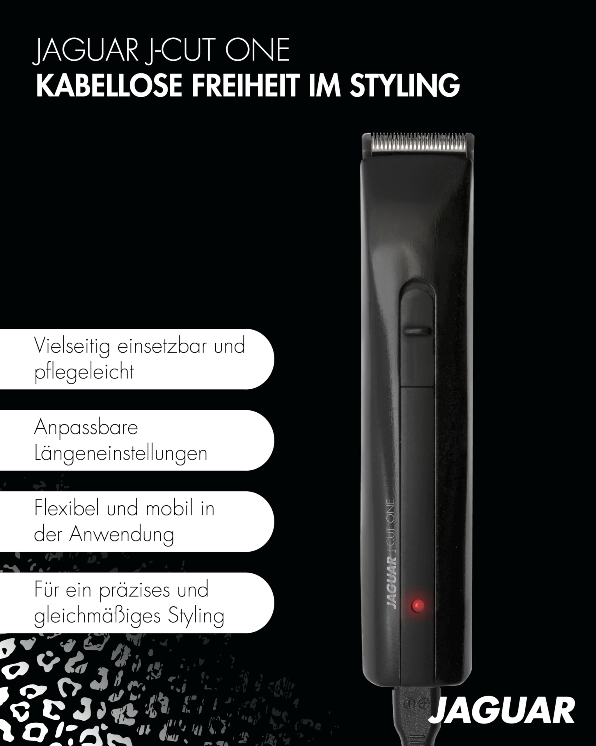 JAGUAR Haartrimmer J-CUT One black | 2-way | mit Aufsteckkamm für 4 Längen | Profi Konturenschneider für Akku- und Netzbetrieb | 1 Aufsteckkamm (3/4,5/6/7,5mm) | Vom Profi für Dich