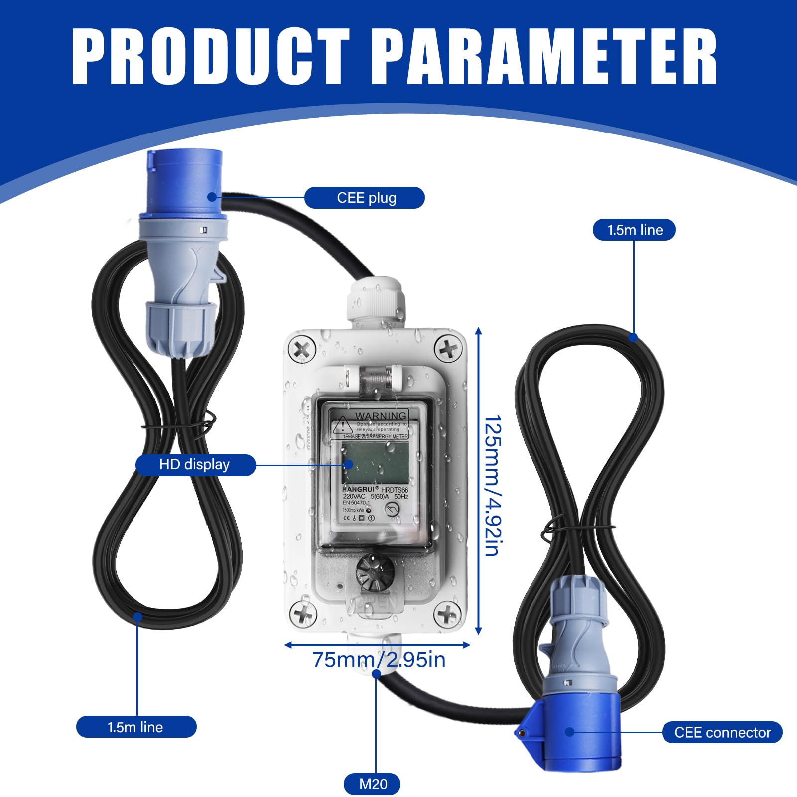Contador de electricidad digital móvil, 60 A, 230 V, IP67, resistente al agua con enchufe CEE y acoplamiento, medidor KWH 3 x 1,5 mm², cable de goma y función de reinicio para caravanas, vehículos