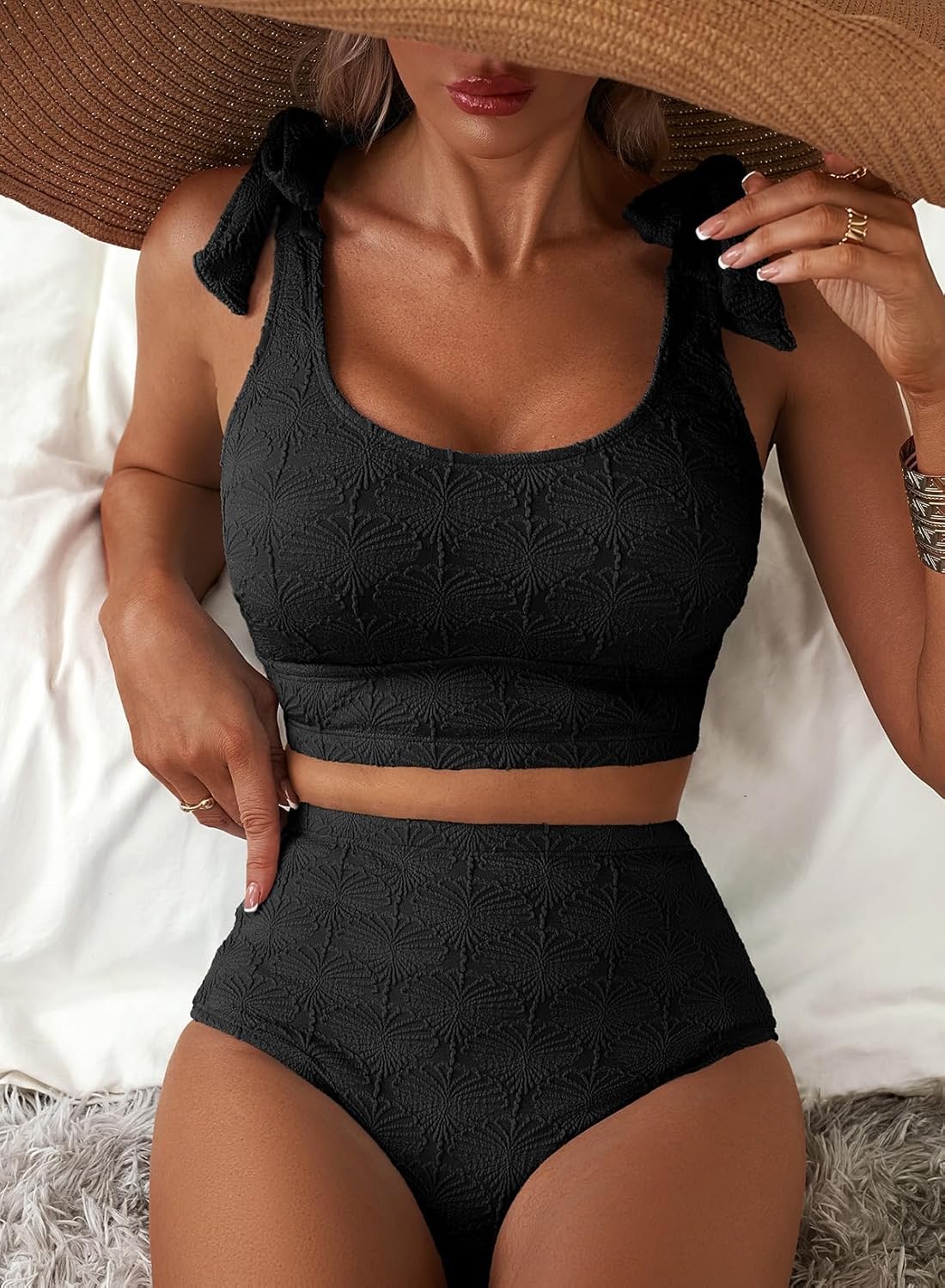 Herseas Women 2 Piece High Waisted Bikini Sets Seashell Textured Tie Strap Swimsuits Bathing Suit Beach Summer Outfits - Image 5