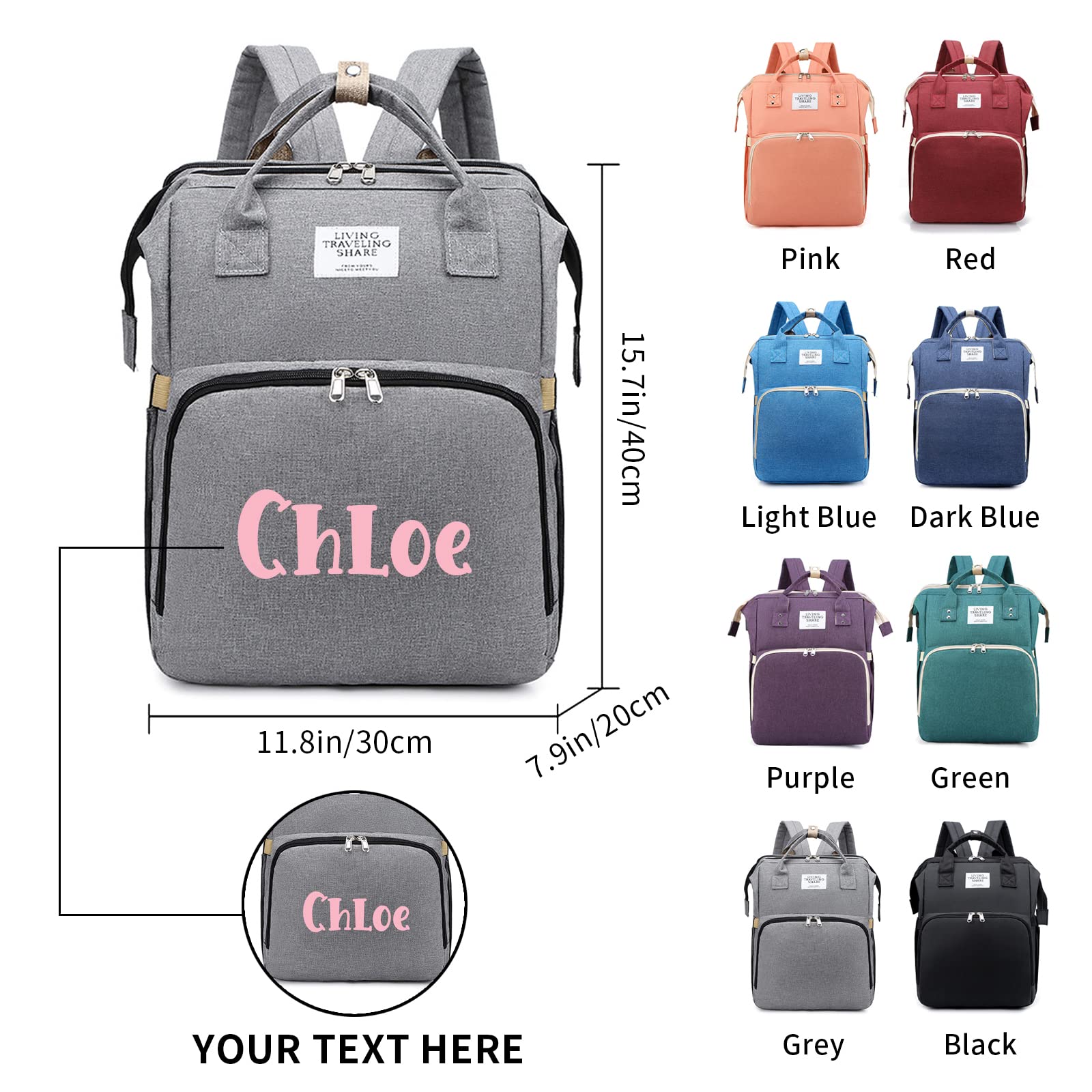 Personalized 3 in 1 Diaper Bag Backpack with Changing Station Multifunction Large Baby Diaper Bags for Boys & Girls Portable, Custom Lightweight Changing Bag Newborn Baby Essential Gifts (Grey)