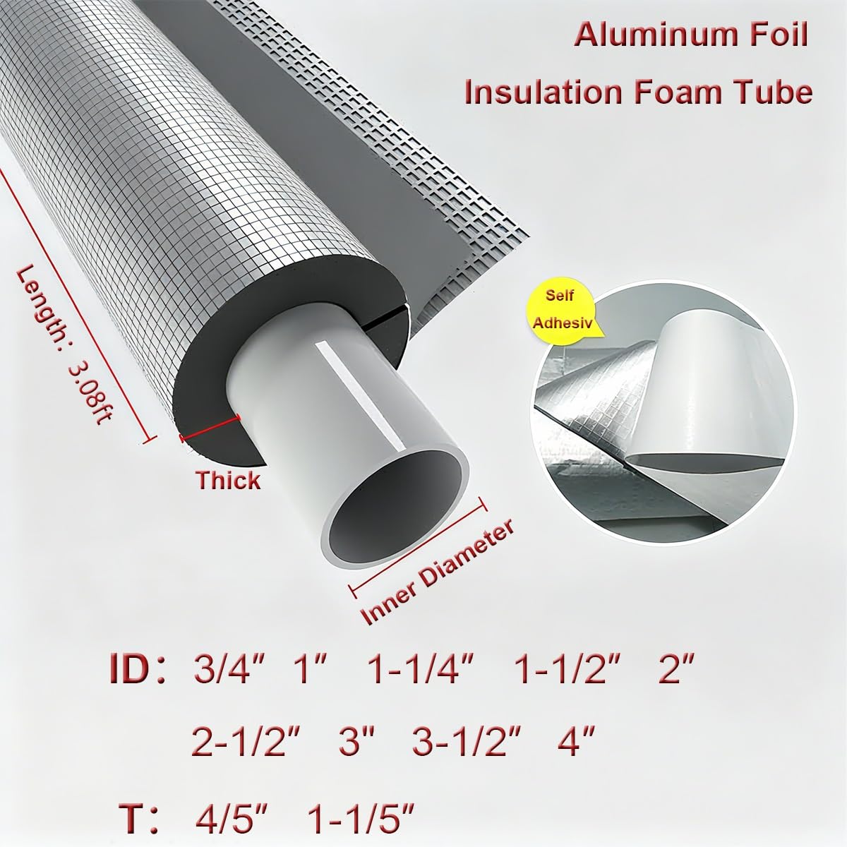 Confezione da 1 tubo isolante autoadesivo per tubi in schiuma, diametro interno da 3/4 a 4 pollici, tubo in gomma rivestito in foglio di alluminio (ID 2-1/2 "x T 1-1/5")
