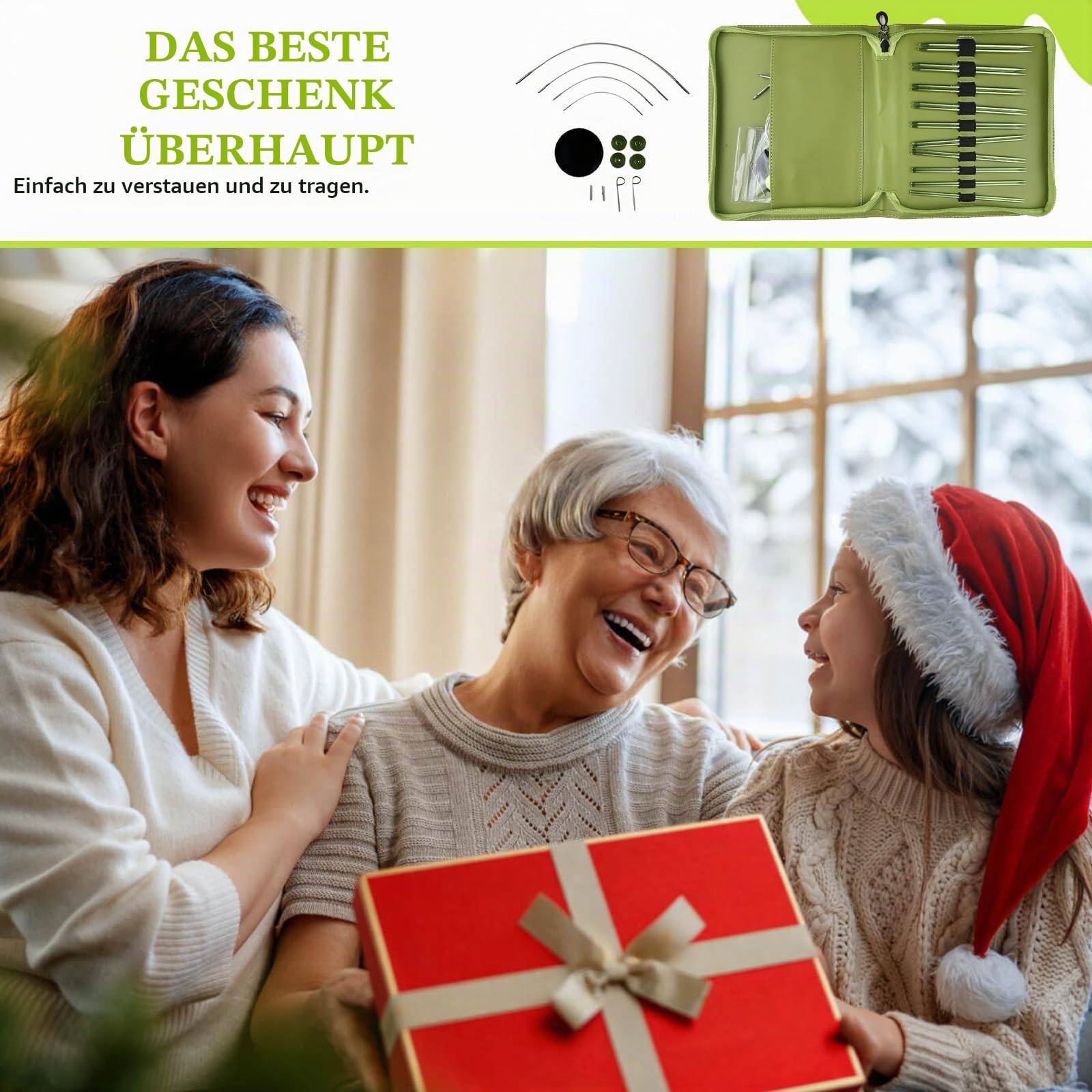 Rundstricknadeln Set, Austauschbare Stricknadeln mit Zubehör & Aufbewahrungstasche, Metall Auswechselbare Rundstricknadelspitzen mit Ergonomischen Griffen für DIY-Stricken (Grün 10 Paar)