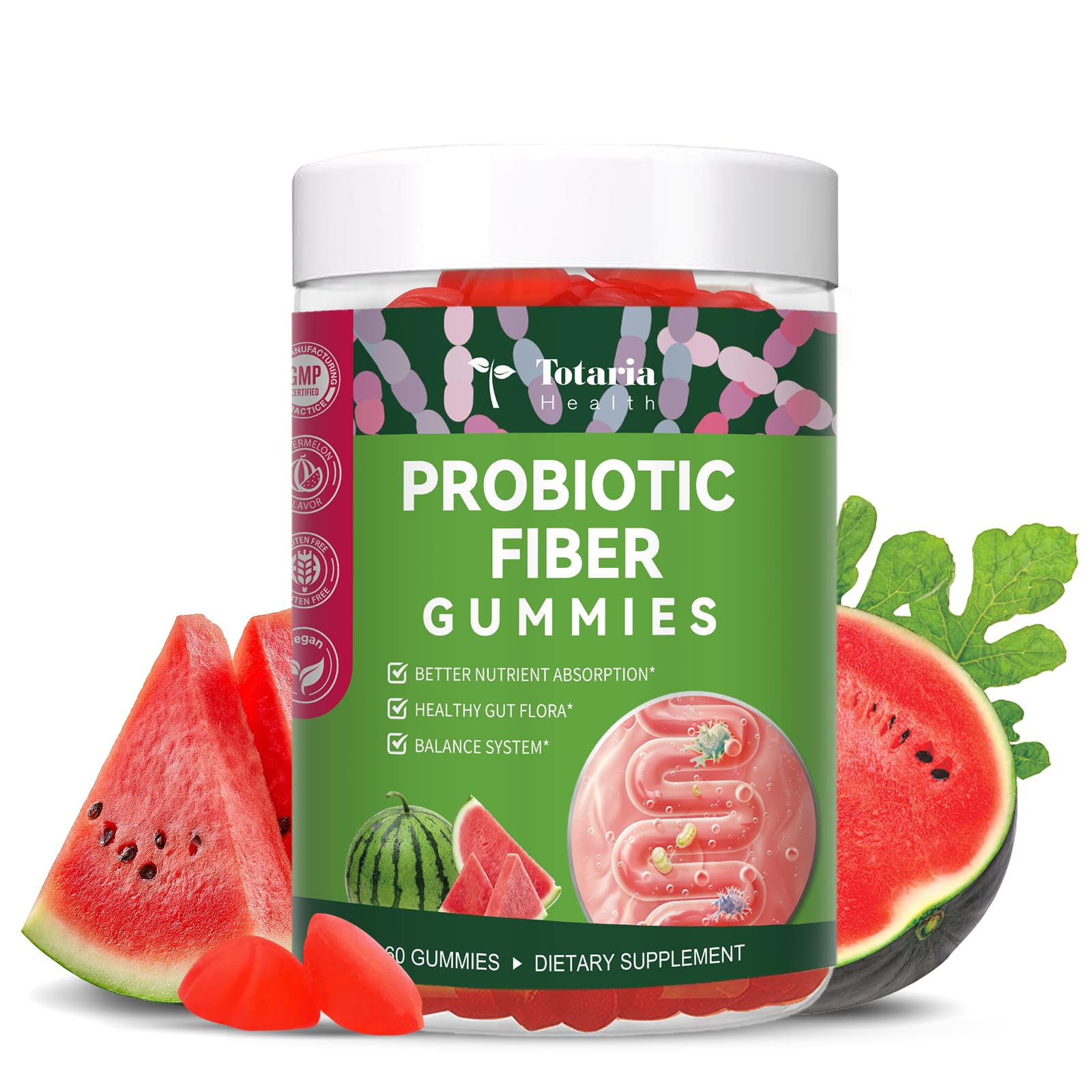 9-in-1 Sugar-free Probiotic Fiber Gummies for Adult Teen, Watermelon Flavor