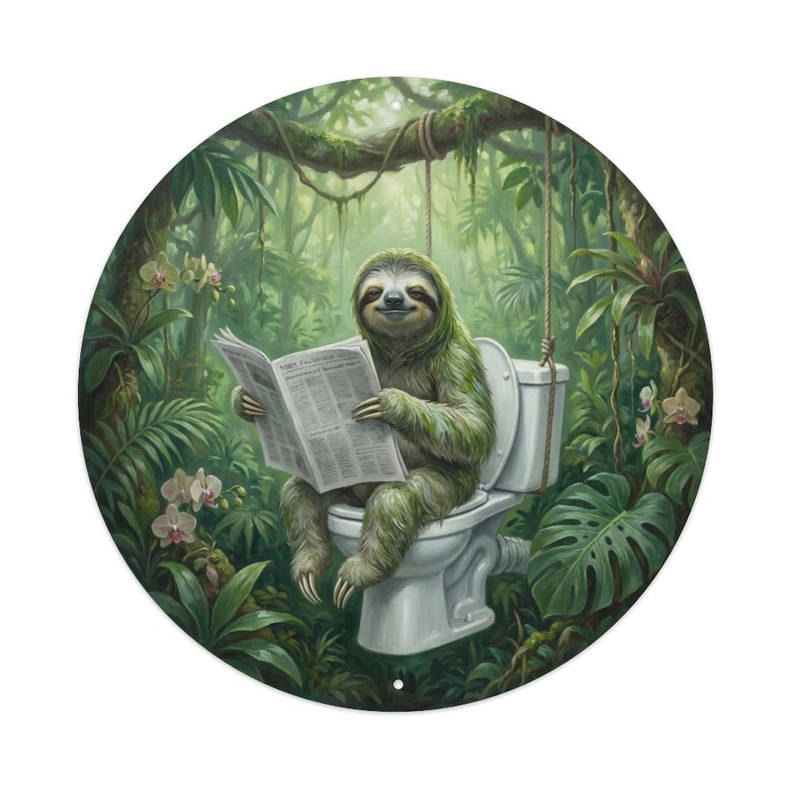 Sloth On Toilet Humorous Bathroom Rainforest Canopy Metal Tin Sign