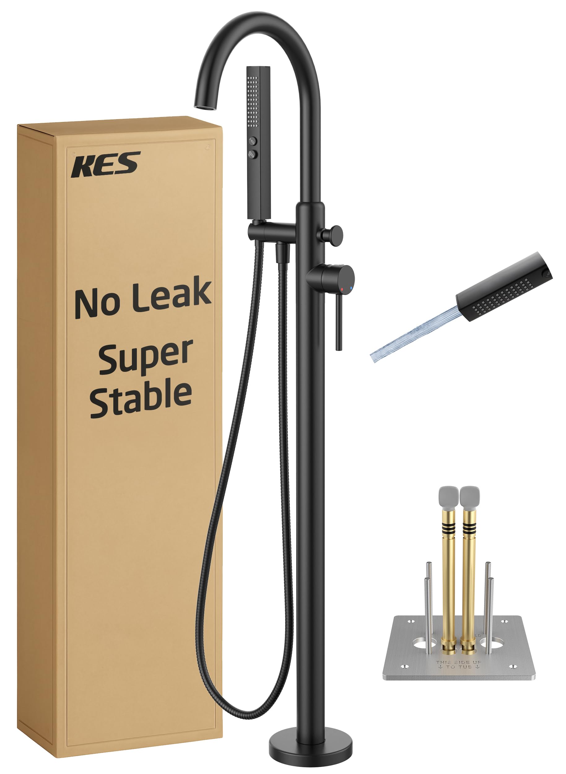 Photo 1 of KES Free Standing Bathtub Faucet with Rough-in Valve & 2-Function Handshower for Tub Rinsing & Bathing, High Flow 2-Min Fill Floor Mount Tub Filler, Anti-Wobble Base, Matte Black, L5105F18-BK