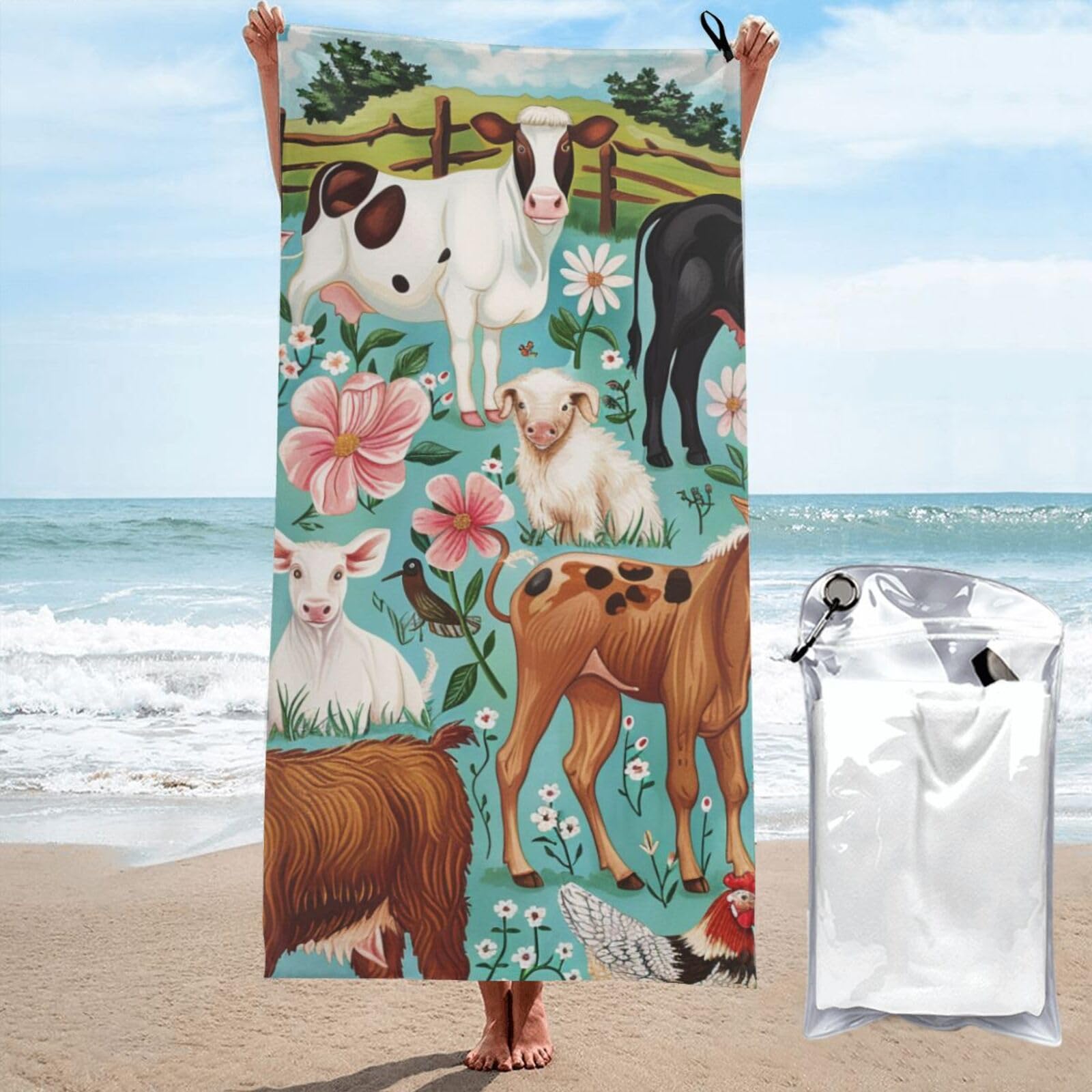 kkvhhyuo Microfiber Beach Towel, Farm animal Printed Lightweight Quick Dry Travel Bath Sheet with Compact Carry Bag for Swimming Yoga Camping Gym,27.5"x55"