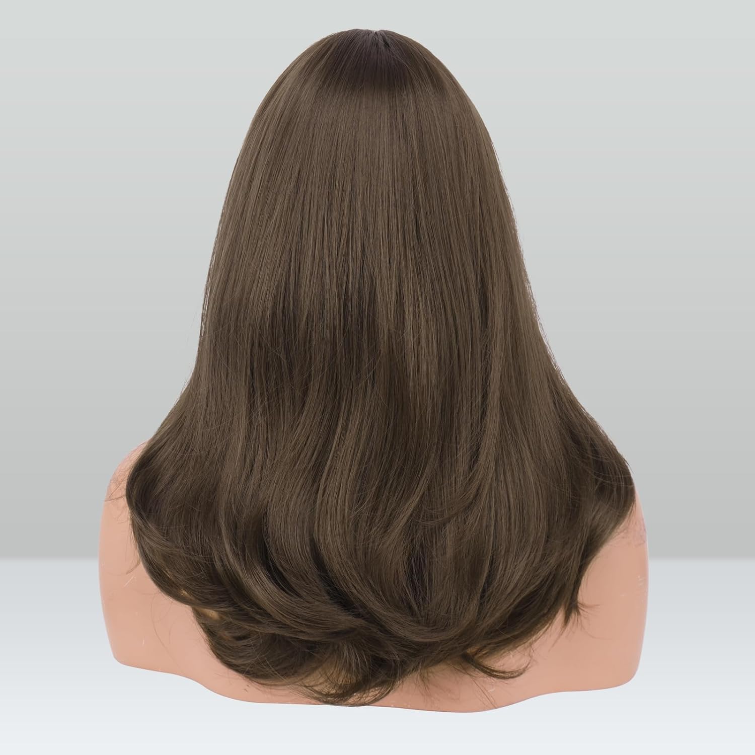 FESHFEN Medium Brown Wigs with Bangs, Synthetic Natural Looking Long Layered Straight Hair Wig for Women Daily Party Use, 18 inch - Image 3