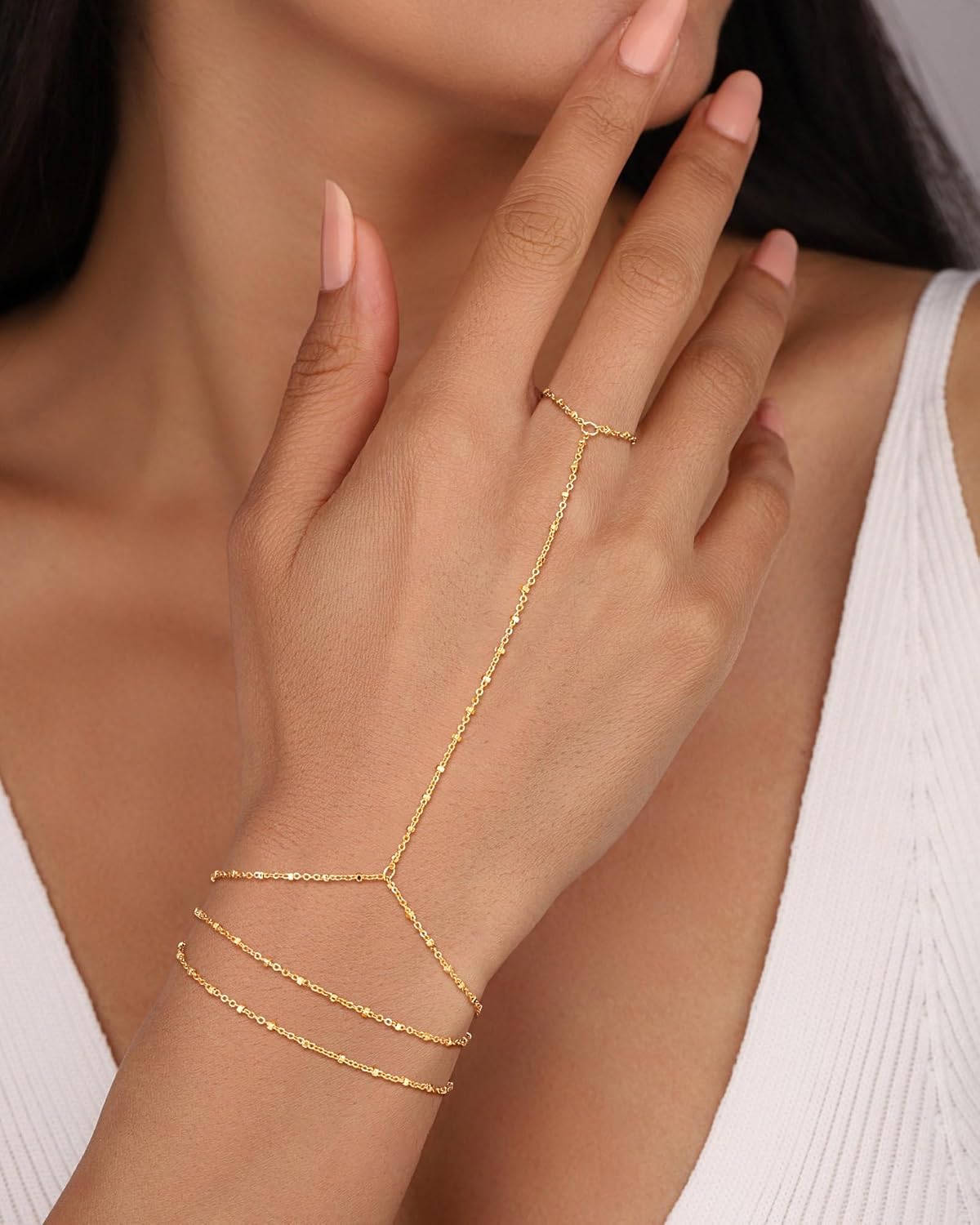 CHESKY 14K Gold Plated Hand Chain Bracelets for Women Set - Dainty Finger Ring Bracelet Stack Adjustable Hand Chains Durable Beaded Bracelets Trendy Simple Body Jewelry Gift for Women - Image 7