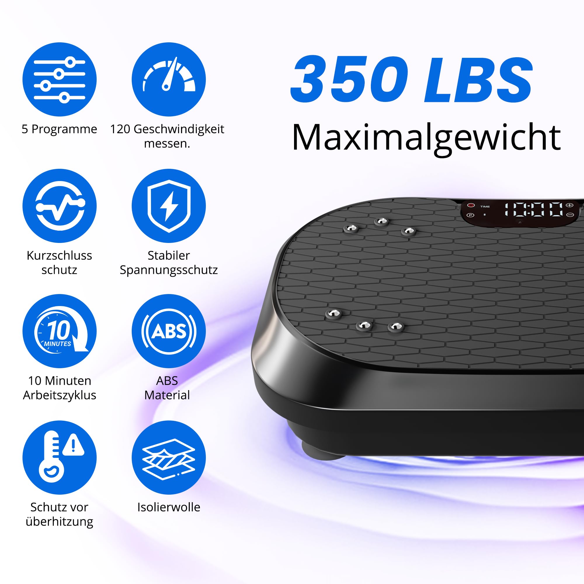 Appareil d'entraînement puissant en plaque vibrante avec haut-parleurs Bluetooth, 120 niveaux d'intensité de massage pour le fitness à domicile, le drainage lymphatique et la formation du corps