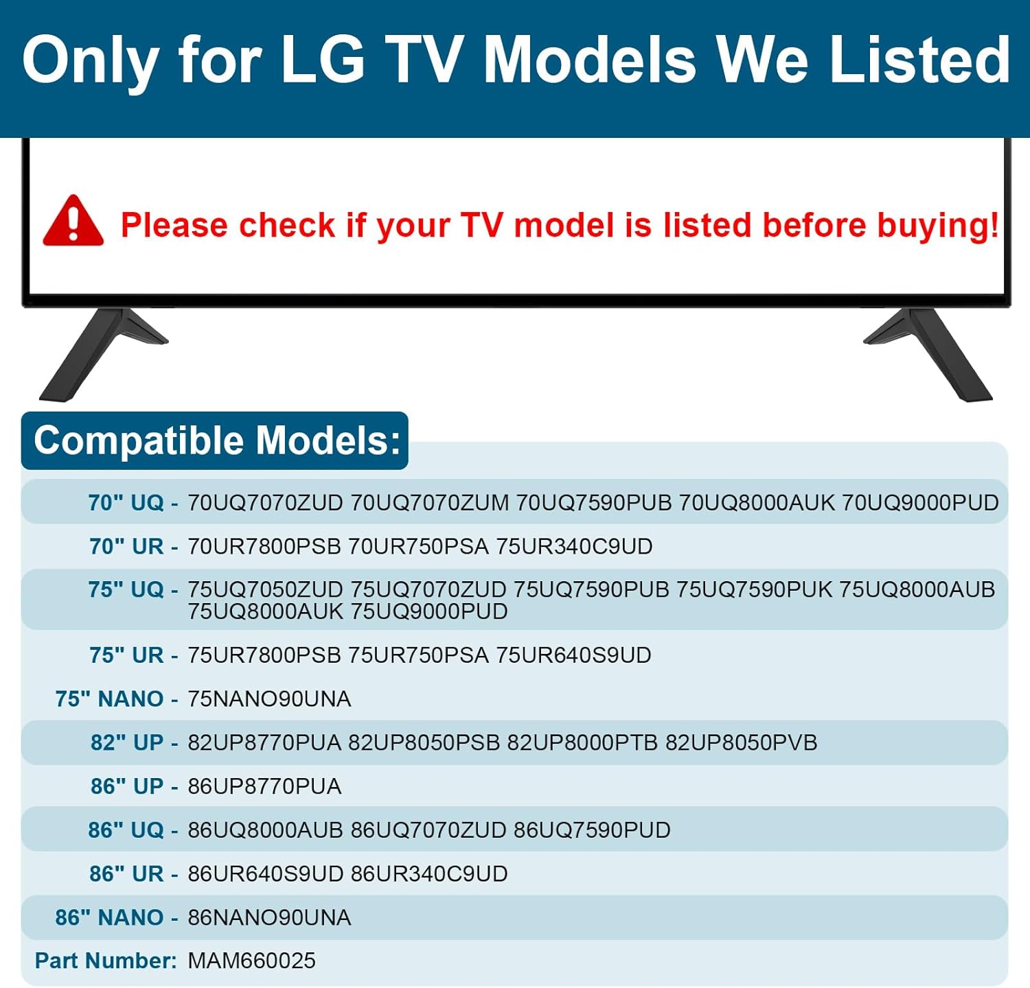 TV Stand for LG TV Legs Replacement, for 75UQ9000PUD 70UP8070 70UQ7070ZUD 70UQ7590PUB 70UQ8000 75UP8070 75UQ8000 82UP8770 86UP8770 86UQ8000 86UQ7070, Only for LG 70" 75" 82" 86" TV Models We List