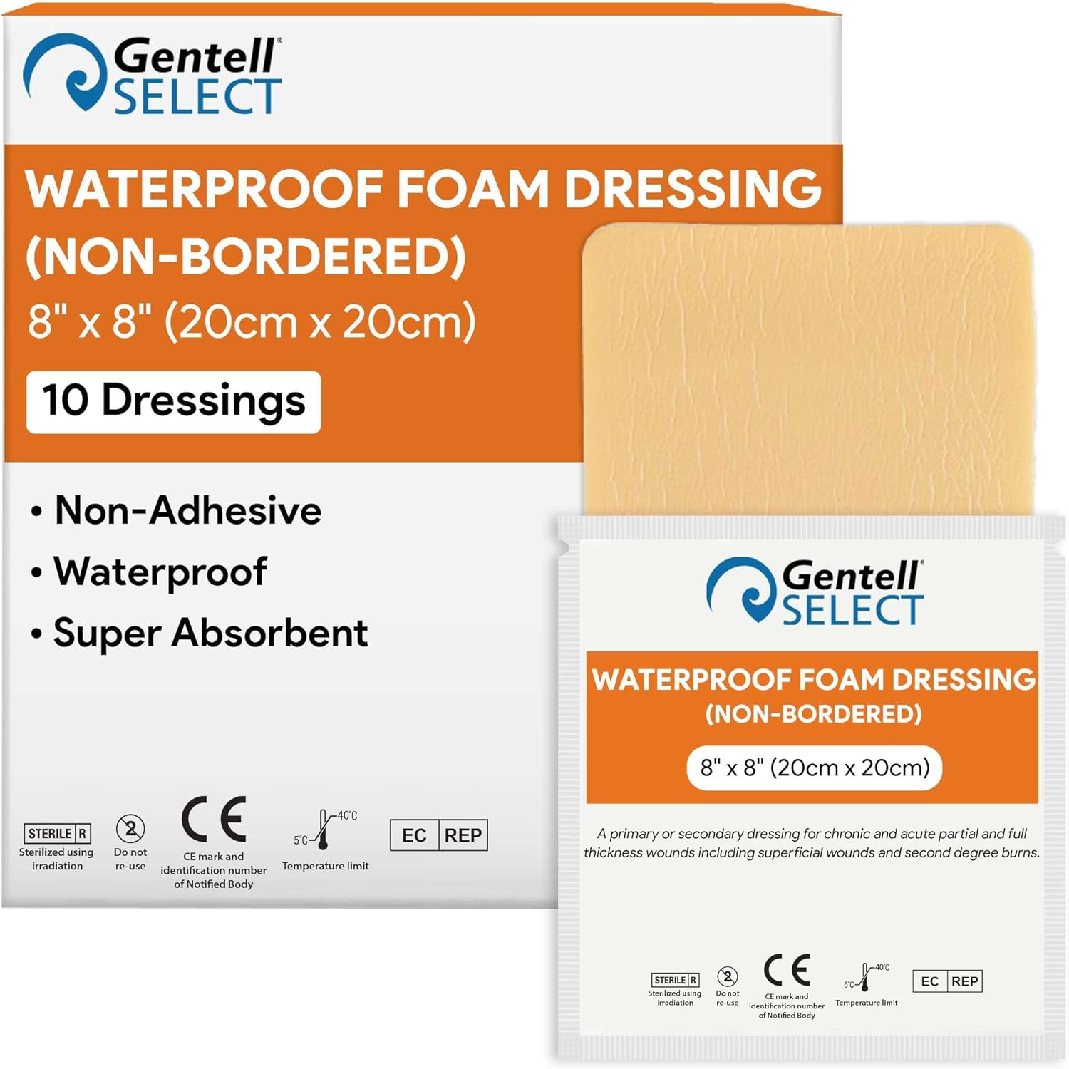 Waterproof Foam Dressings 8"x8" - 10 Sterile Foam Bandages for Wounds - Heavily Absorbent, Non Adhesive, and Non Bordered Pads - Good for Moderate and Heavy Exudate Wounds