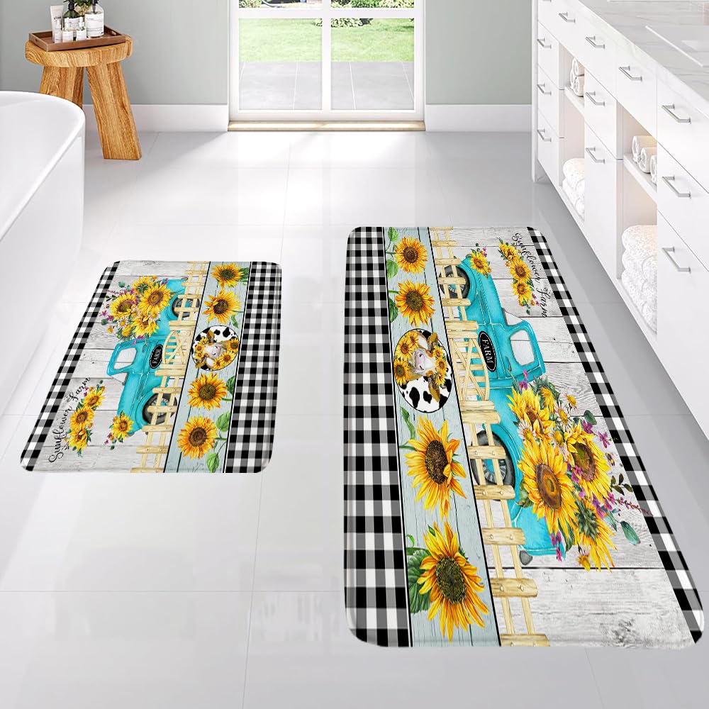 2 Pieces Set Truck Sunflower Bathroom Rugs Farmhouse Rustic Flower Cow Vintage Wooden Board Black White Buffalo Check Plaid Toilet Sink Laundry Bath