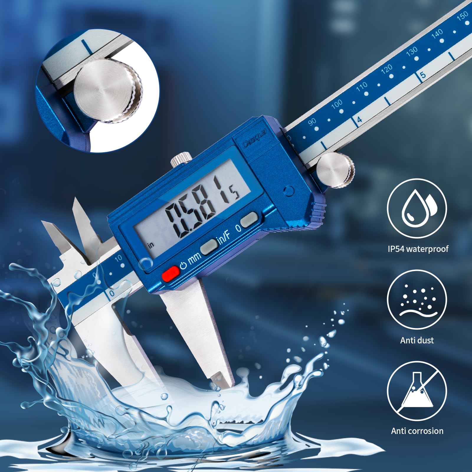 Dasqua Calibrador digital de 8 pulgadas, calibre resistente al agua de acero inoxidable IP54 con pantalla LCD grande y caja de almacenamiento, fácil cambio entre pulgadas/métrico/fracción, precisión