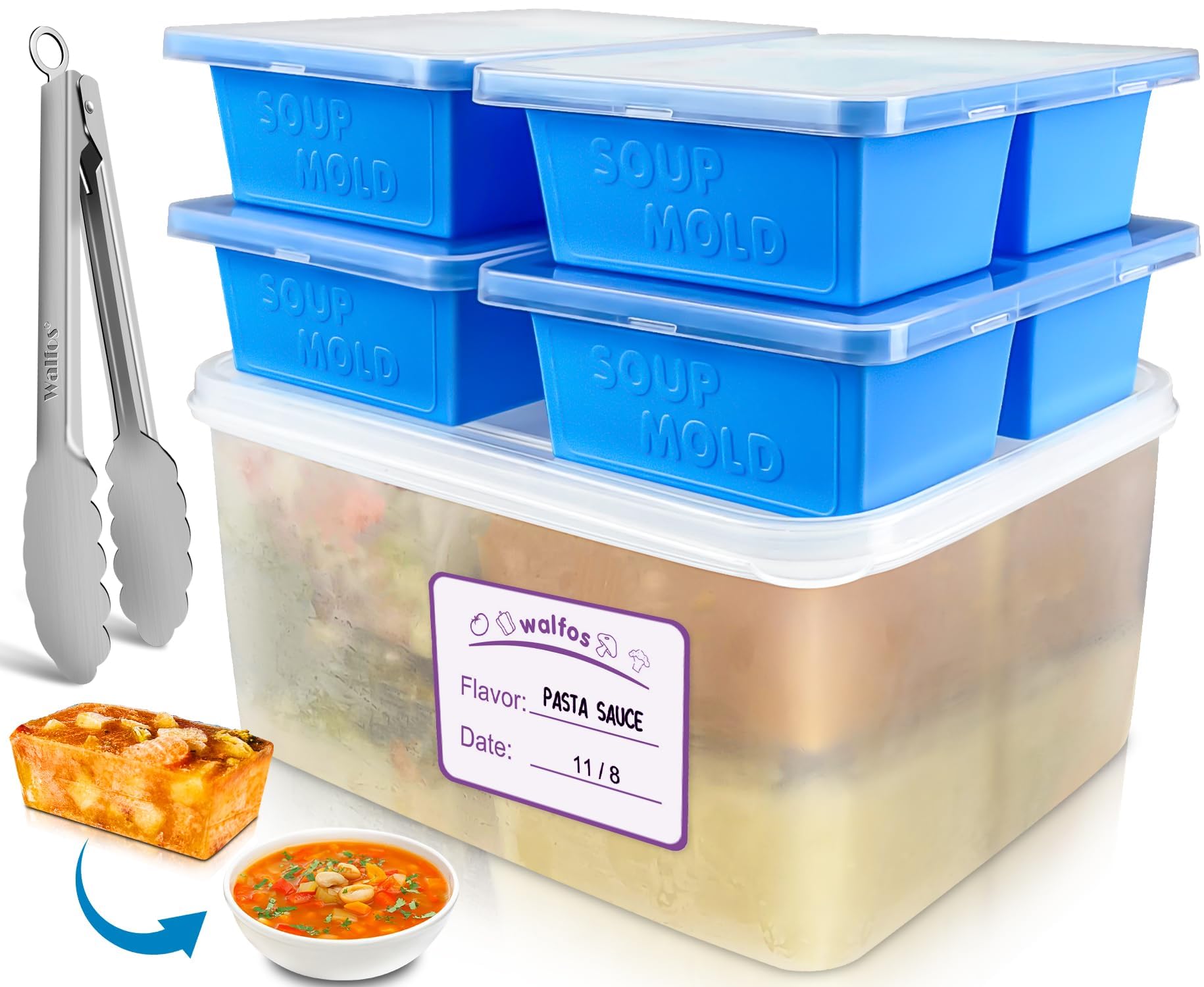 Walfos Silikon-Gefrierfach mit Deckel, Suppen-Gefrierformen, 4 Packungen, Behälter und Zange, BPA-freier Silikon-Gefrierbehälter, perfekt zum Aufbewahren und Einfrieren von Suppe, Brühe, Soße, mit 12