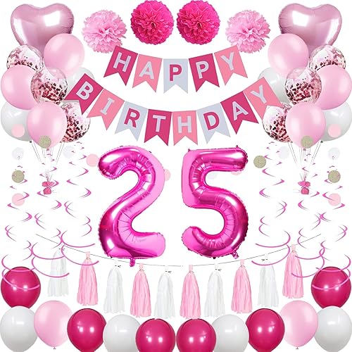 NANINUNENO Decoraciones de cumpleaños 25 para mujer, globos de feliz cumpleaños rosa y blanco del número 25, pancarta, espirales, guirnalda, borla