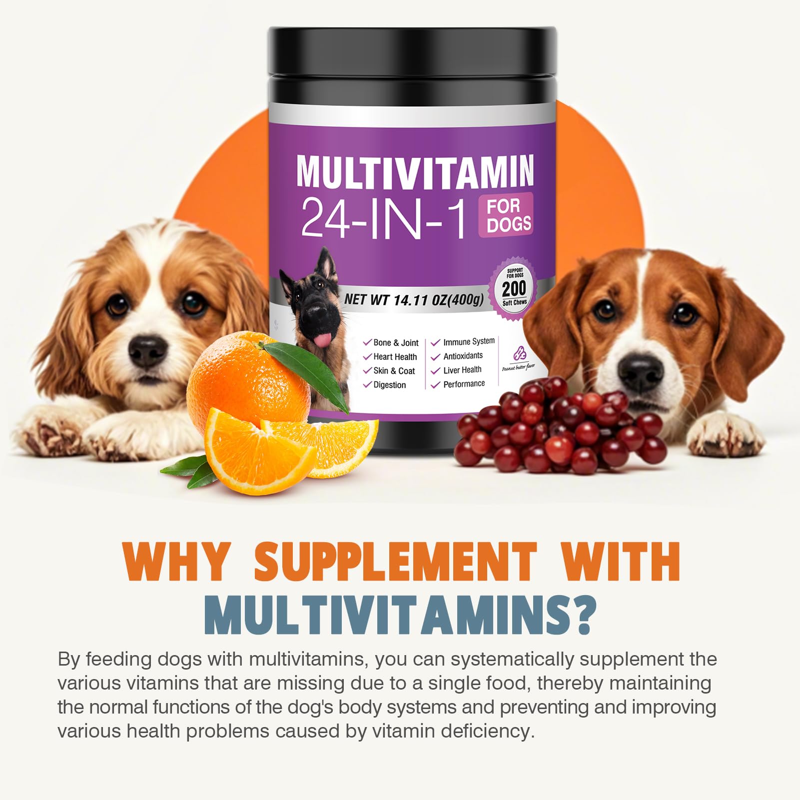 24-in-1 Dog Vitamins and Supplements 200 Ct Dogs Multivitamin Chewable Contain Chondroitin Probiotics Omega-3 Glucosamine for Dogs Skin Coat Heart Joint Gut Liver Brain Immune Support - Peanut Butter — Amazon image 4