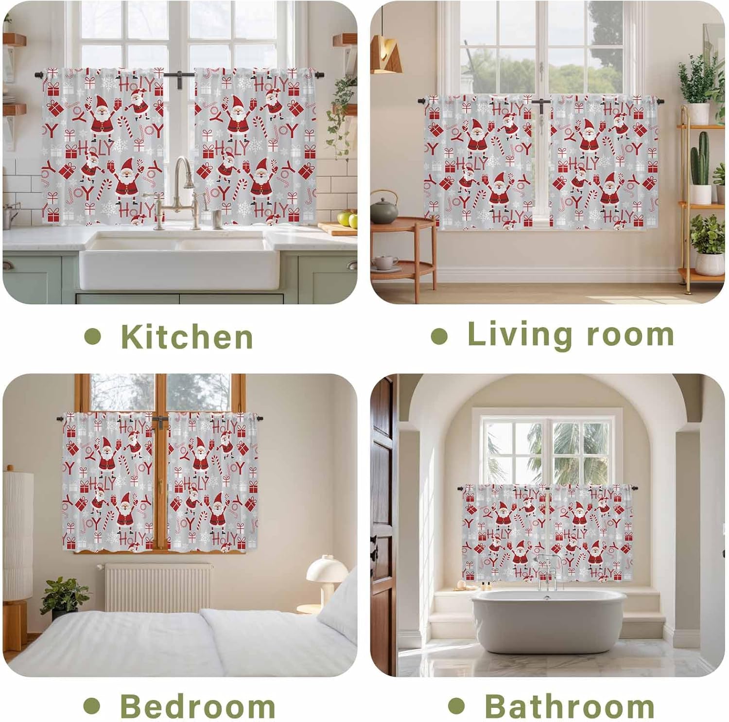 Christmas Santa Claus Kitchen Curtains 45 Inch Long 2 Panel Set, Rod Pocket Window Treatment, Joy Xmas Snowflake New Year Light Filtering Panels Short Drapes for Bathroom Camper 42"W x 45"L