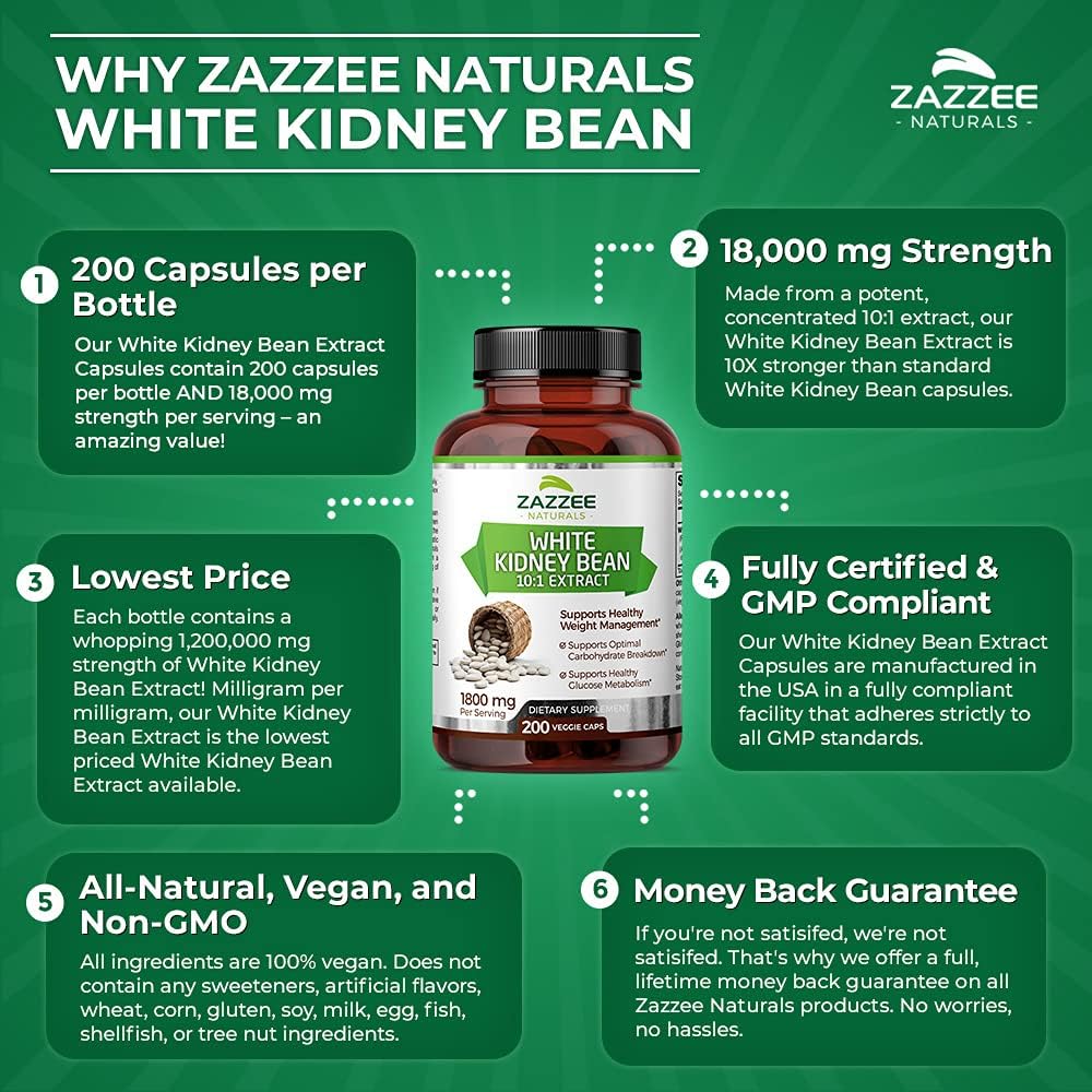 Zazzee White Kidney Bean Extract 200 Vegan Capsules, 1800 mg Per Serving, Potent 10:1 Extract, 18,000 mg Strength, 100% Pure, Vegan, Non-GMO and All-Natural : Health & Household