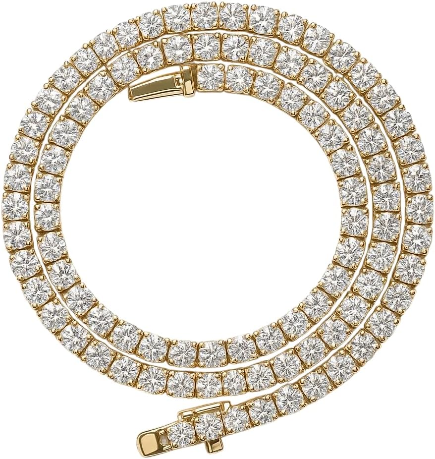 10K Yellow Gold 14.0CT Lab-Grown Diamond Tennis Necklace | Round Brilliant Cut | VVS Clarity - E-F Color