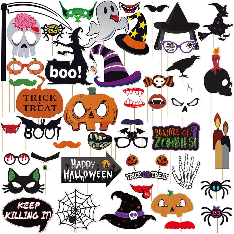 45PCS Halloween Photo Booth Props - Party Card Masks Pumpkin Photo Booth Props Photography Supplies Happy Halloween Photo Props for Photoshoot, Halloween Birthday Party Decorations (45pcs)
