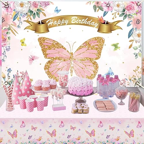 Miniatura 3 de ANFGANC Mantel rectangular de 3 piezas de mariposa rosa, decoración de fiesta de mariposa, mantel de plástico con temática de primavera para niña,
