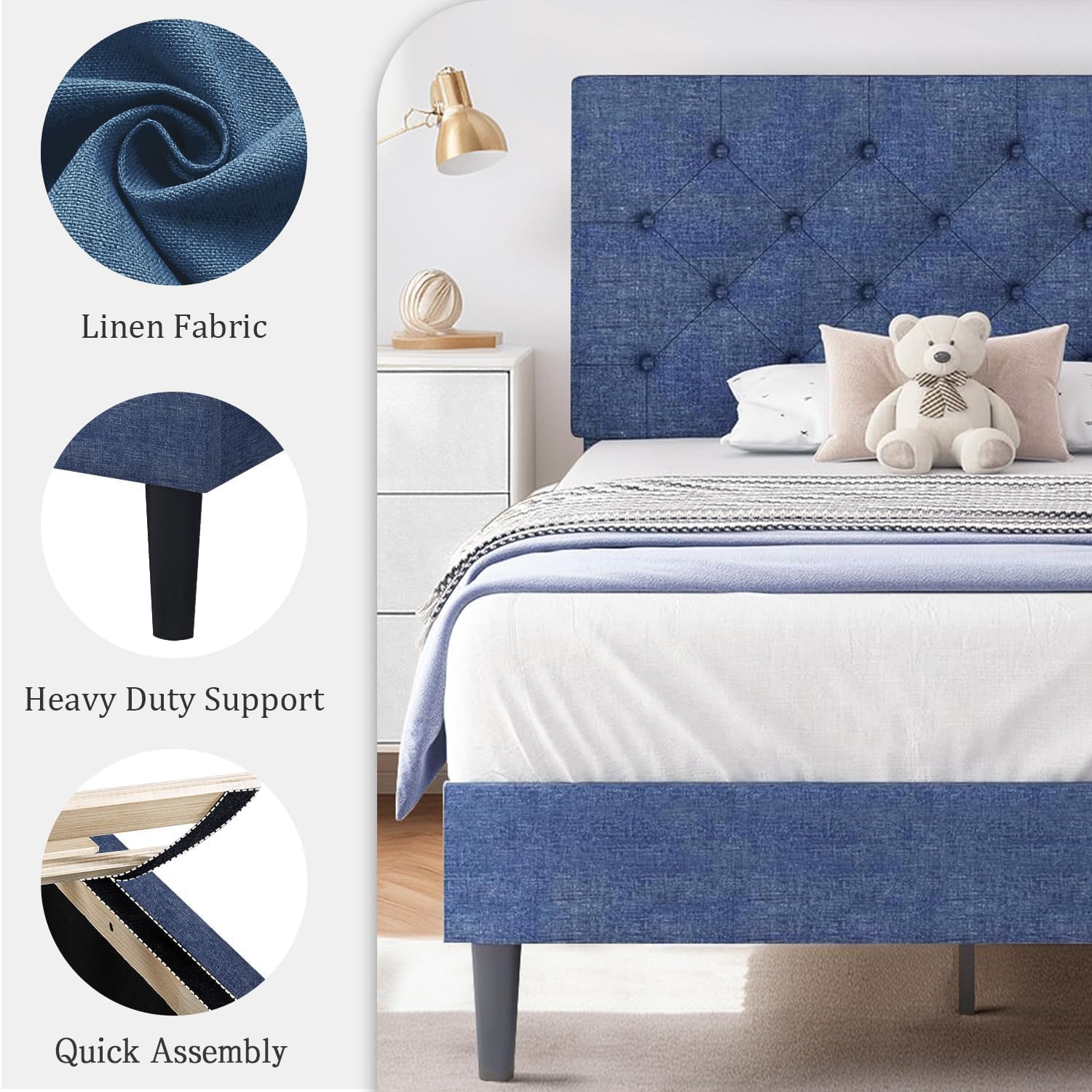 HOMBCK Queen Bed Frame with Button Tufted Headboard, Blue Upholstered Platform Bed Frame Bed, Soft Fabric/Wood Slats Support/No Box Spring Needed, Easy Assembly, Blue