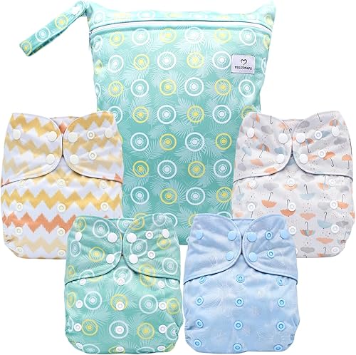 YULUONAPS Reusable Baby Cloth Diapers with AWJ Lining, Washable Pocket Diapers for Newborn Boys and Girls, 4 Pack with 4 Bamboo Inserts+One Wet Bag