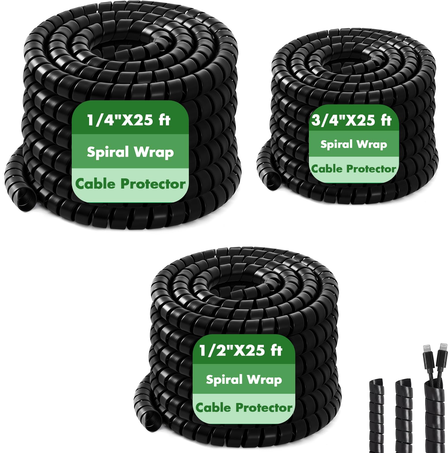 3 Pcs Spiral Wrap Cable Protector, Safe 1/4"+3/4"+1/2" Od x 25 FT Pre Cut Lengths Hydraulic Hose Protector Wrap to Avoid Wear and Extend Life for Hydraulic Pneumatic Hoses (Black)