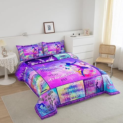 Miniatura 3 de Juego de edredón de gimnasia para niña, tamaño matrimonial, juego de ropa de cama de bailarina de color arcoíris pastel para niños y mujeres, juego