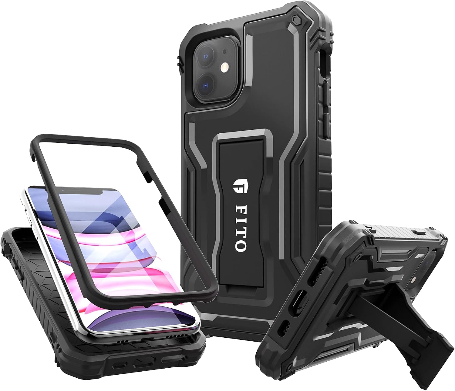 FITO Compatible with iPhone 11 Case, Dual Layer Shockproof Heavy Duty Case with Screen Protector for iPhone 11 and iPhone XR 6.1 inch, Built-in Kickstand (Black)