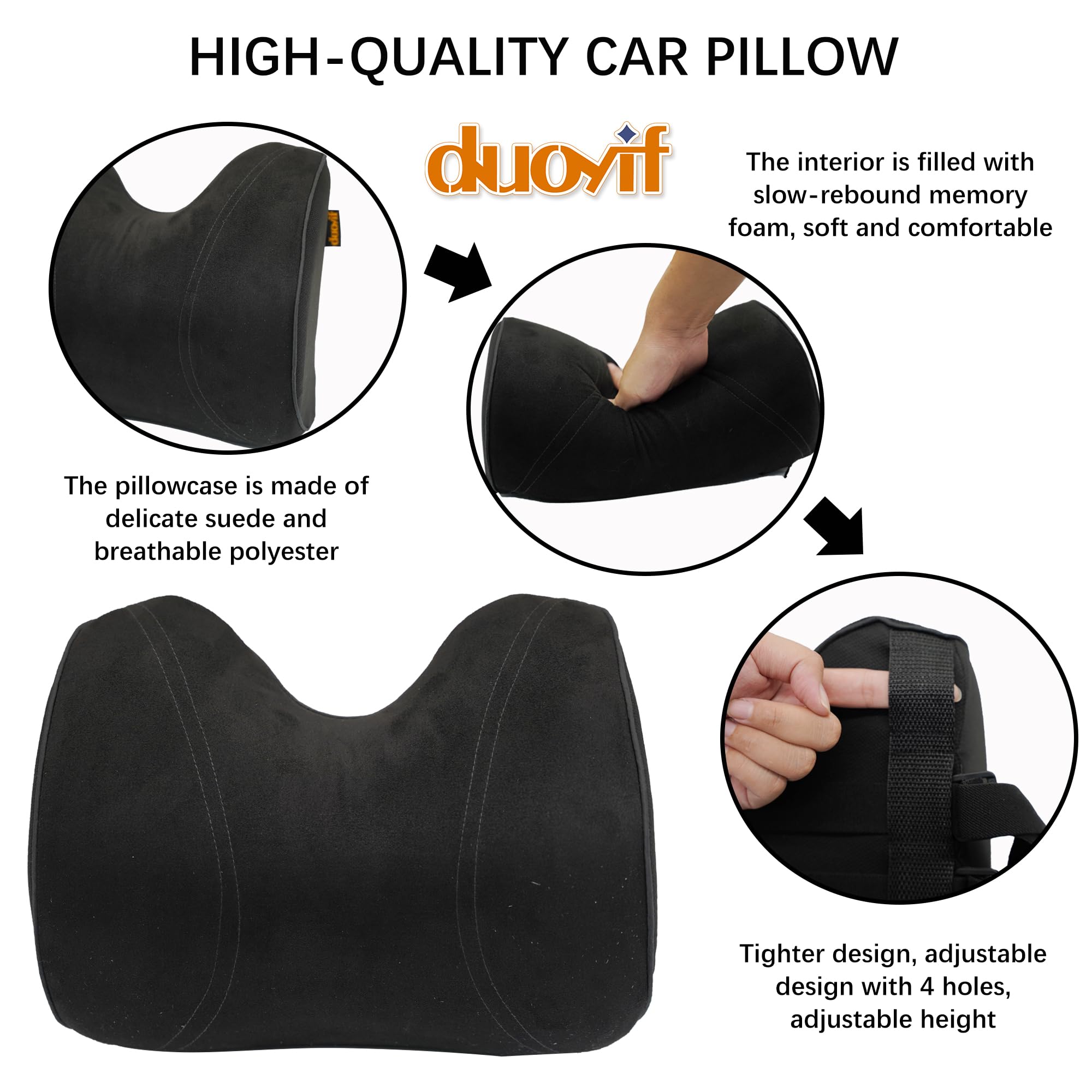 duoyif Cuscino Poggiatesta Auto, Regolabile Cuscino Cervicale in Pelle Scamosciata e Memory Foam, Poggiatesta Guida Confortevole, Supporto per il Collo, Supporto Testa per Sedile Auto 1pezzo