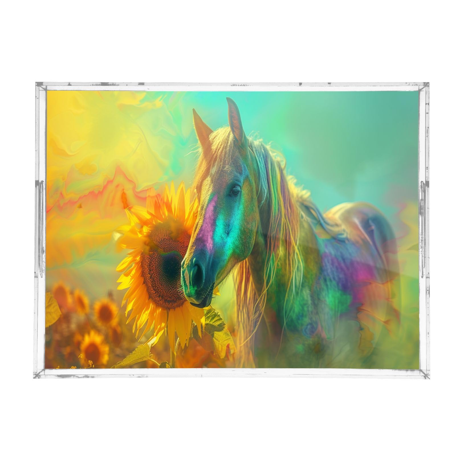 IOACIY Clear Serving Tray 12x16 Inches Acrylic Decorative Tray Organiser for Ottoman Coffee Table Countertop with Handles, Horse (23)