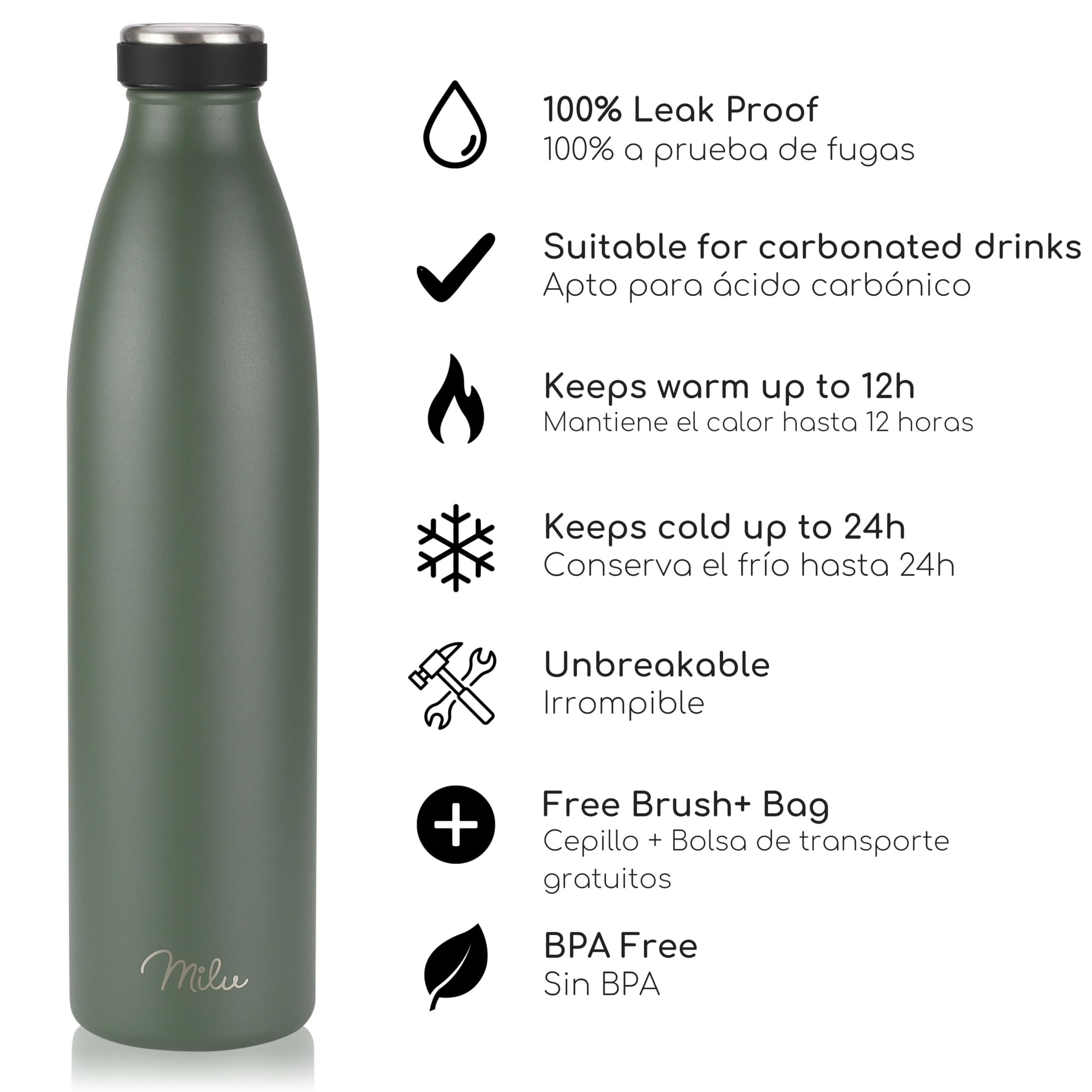 Milu Botella de acero inoxidable de 350ml 500ml 750 ml 1 L 1,5 L botella de agua aislada, termo a prueba de fugas, doble pared, apta para ácido carbónico + cepillo de limpieza (Azul Violeta, 350ml) — view 58