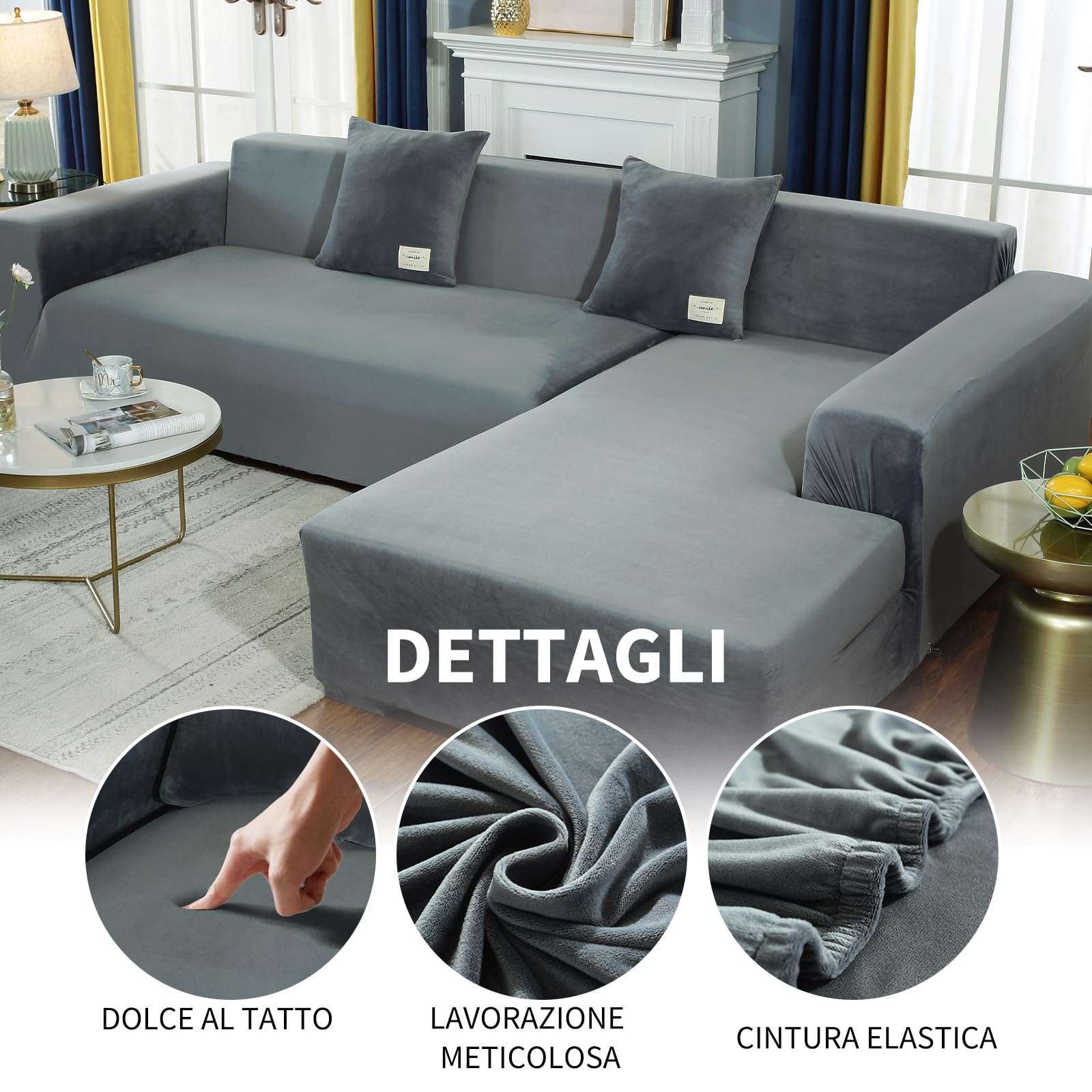 Copridivano Elasticizzato, Copridivano Universale con Penisola per Divani in Poliestere a Forma di L, Copri Divano, Lavabile (2 Posti, Grigio chiaro)