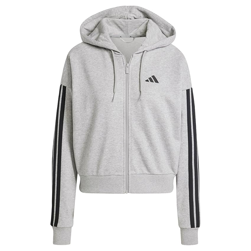 adidas Donna Essentials 3-Stripes French Terry Full Zip Hoodie, Medium Grey Heather/Black, XXS