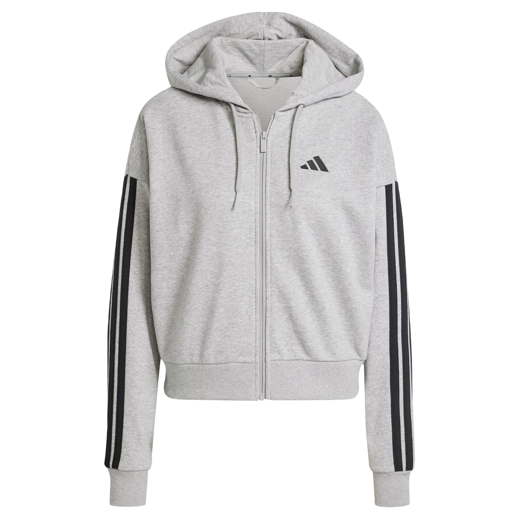 adidas Mujer Essentials 3-​Stripes French Terry Full Zip Hoodie Sweatshirt, Medium Grey Heather/​Black, S
