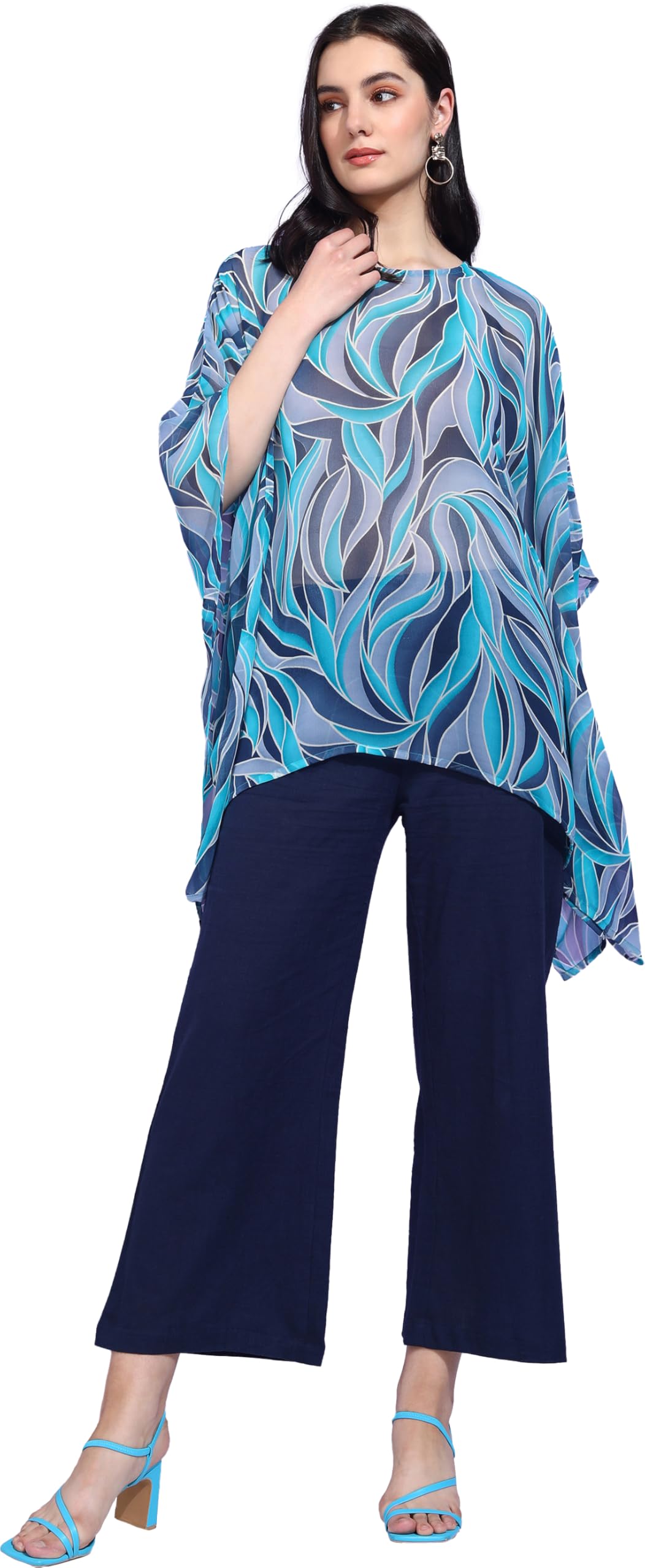 Women's Georgette Printed Kaftan Top with Solid Brown Wide-Leg Palazzo Pants – Elegant Co-ord Set