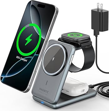 Wireless Charger Charging Station for iPhone Xpencifan Travel 3-in-1 Charger Stand Multiple Devices for Apple Watch Ultra SE 9 8 7 6 5 4 3 2 - iPhone 16e 16 15 14 Pro Max 13 12 11 - AirPods Pro 4 3 2
